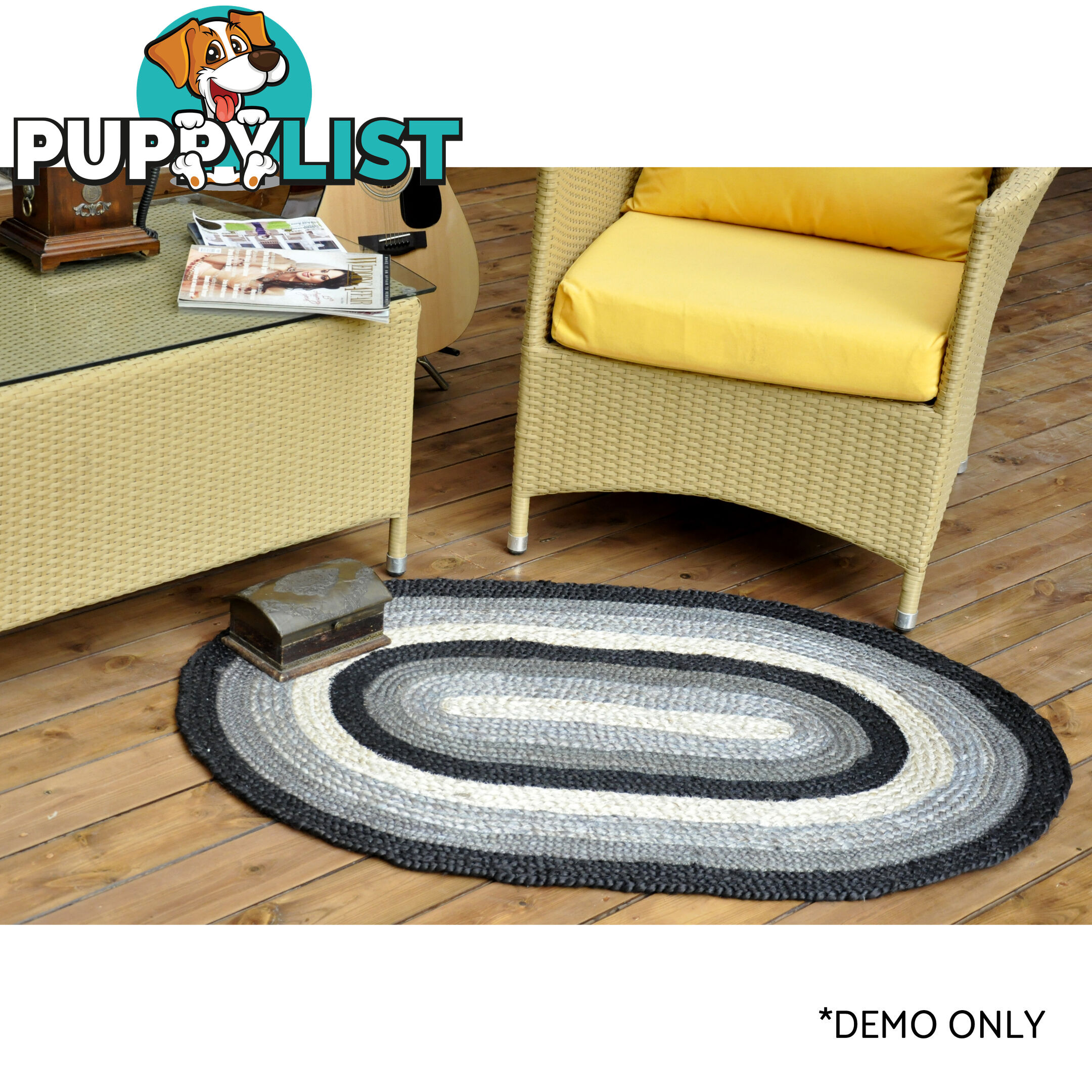 Oval Cotton Grey Rug Black & Grey 80x120cm