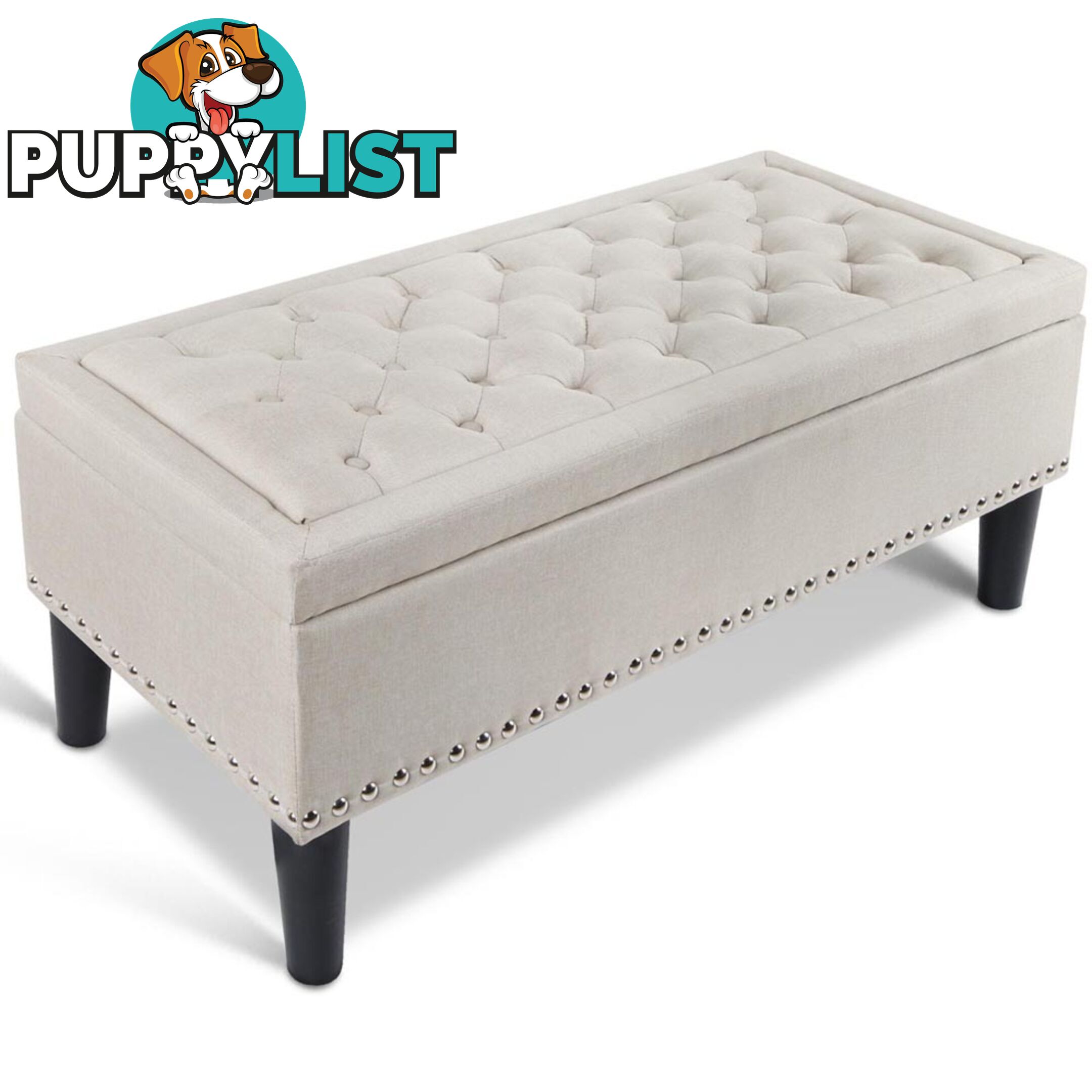 Linen Fabric Storage Ottoman with Studs _ Taupe