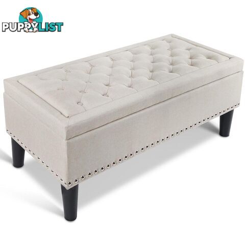 Linen Fabric Storage Ottoman with Studs _ Taupe