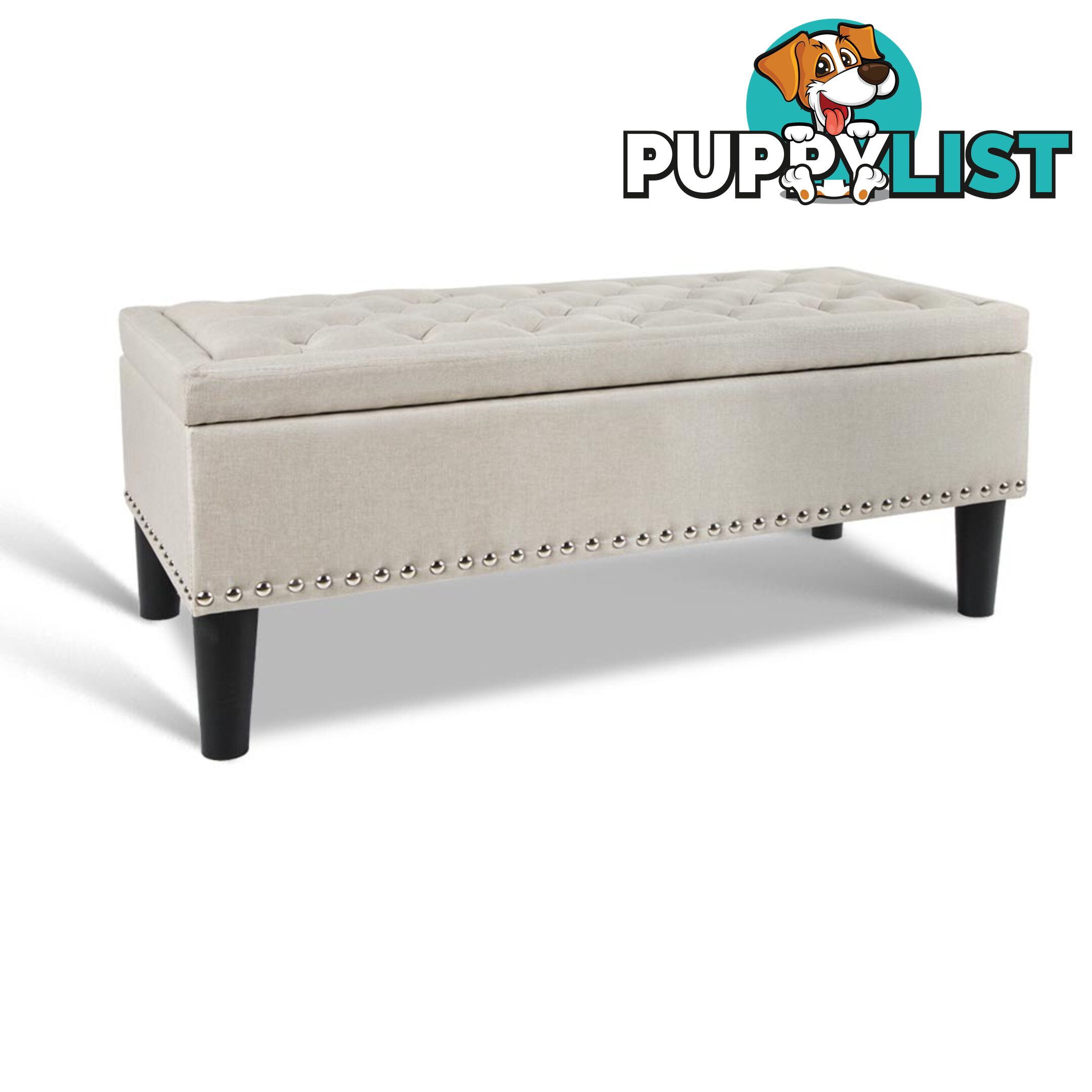 Linen Fabric Storage Ottoman with Studs _ Taupe