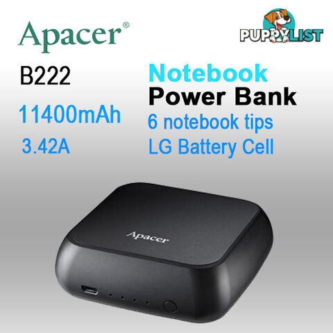 APACER mini NOTEBOOK POWER BANK B222 11400mAh with 6 tips,2x Fast USB Charger for Smart phone, Tablet etc.