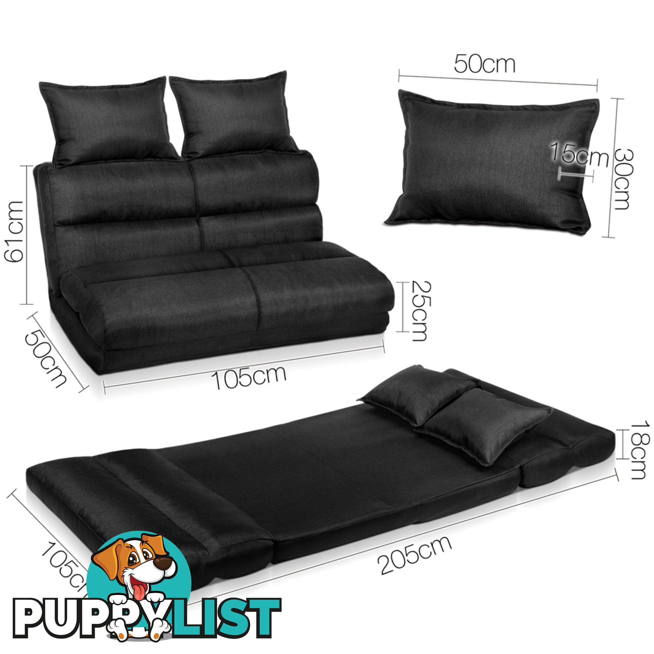 Double Size Adjustable Lounge Sofa - 5 positions Black