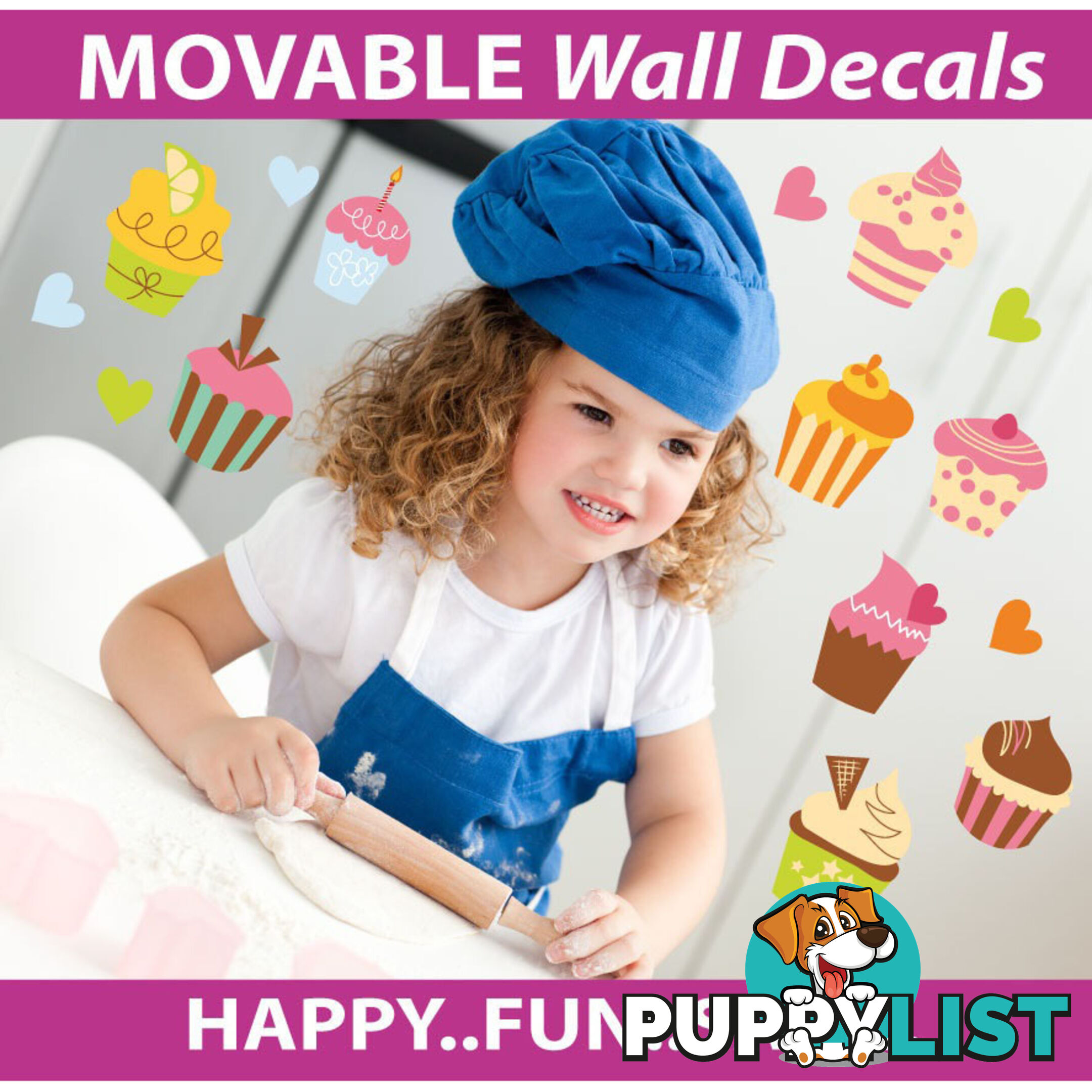 Extra Large Size Cute Cupcakes Wall Stickers - Totally Movable and Reusable