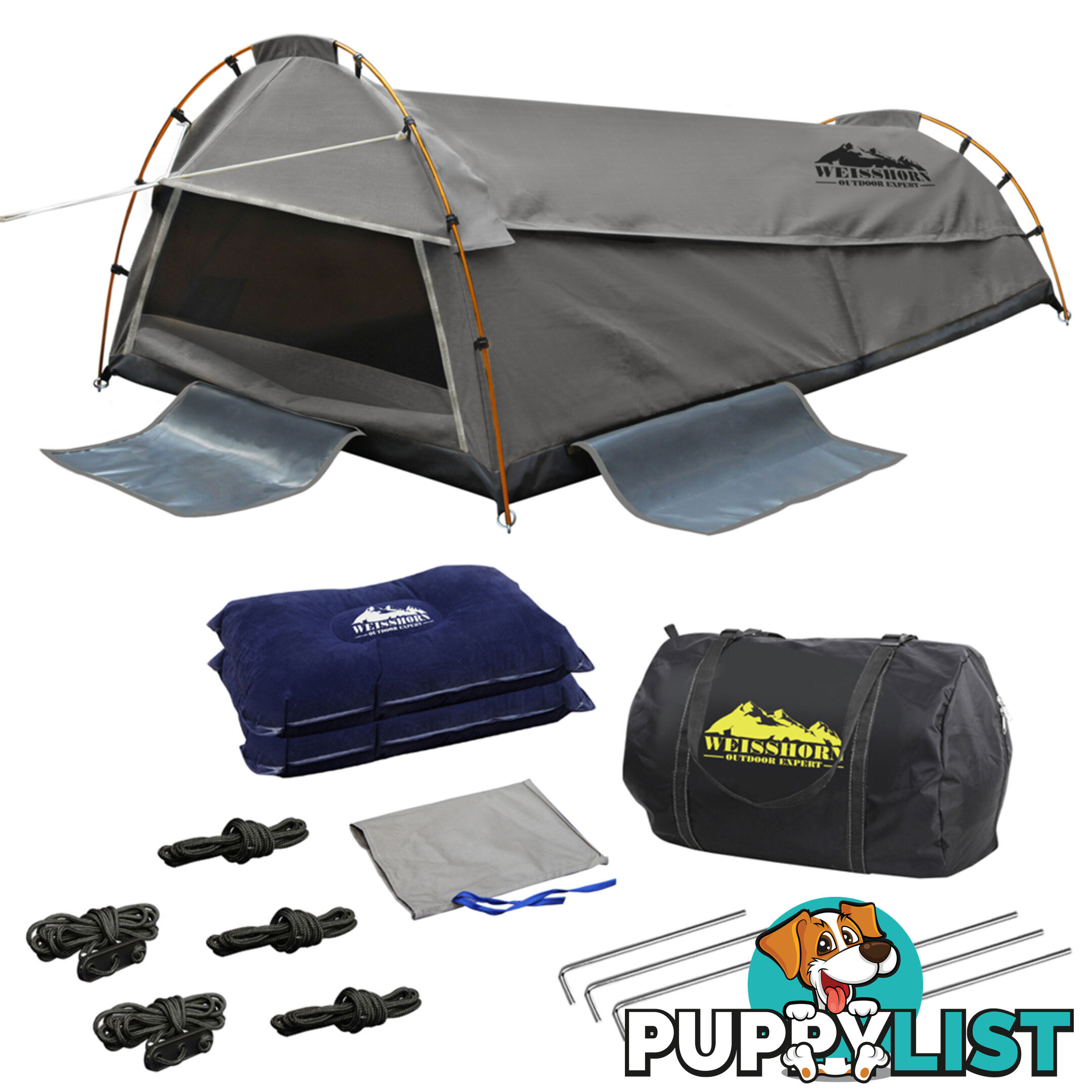 Double Camping Canvas Swag Tent Grey w/ Air Pillow