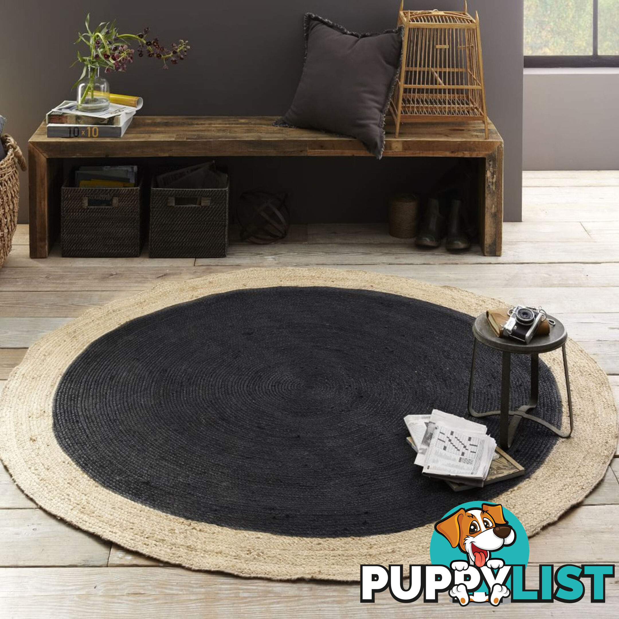 Jute Round Black Rug Black & Natural 120x120cm