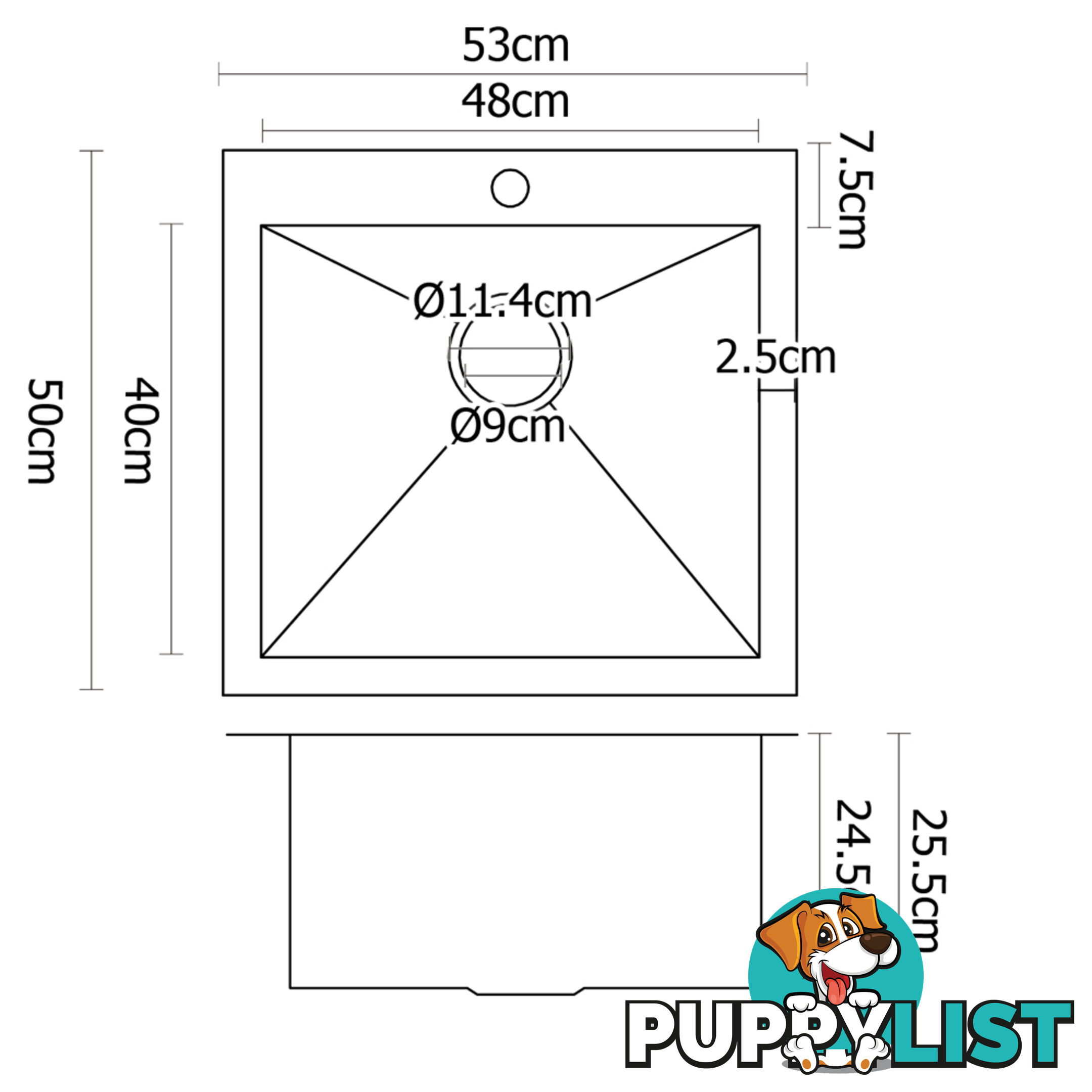 Stainless Steel Kitchen Laundry Sink w/ Strainer Waste 530 x 500mm