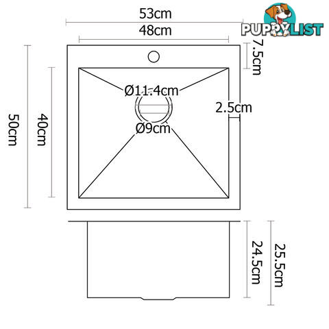 Stainless Steel Kitchen Laundry Sink w/ Strainer Waste 530 x 500mm