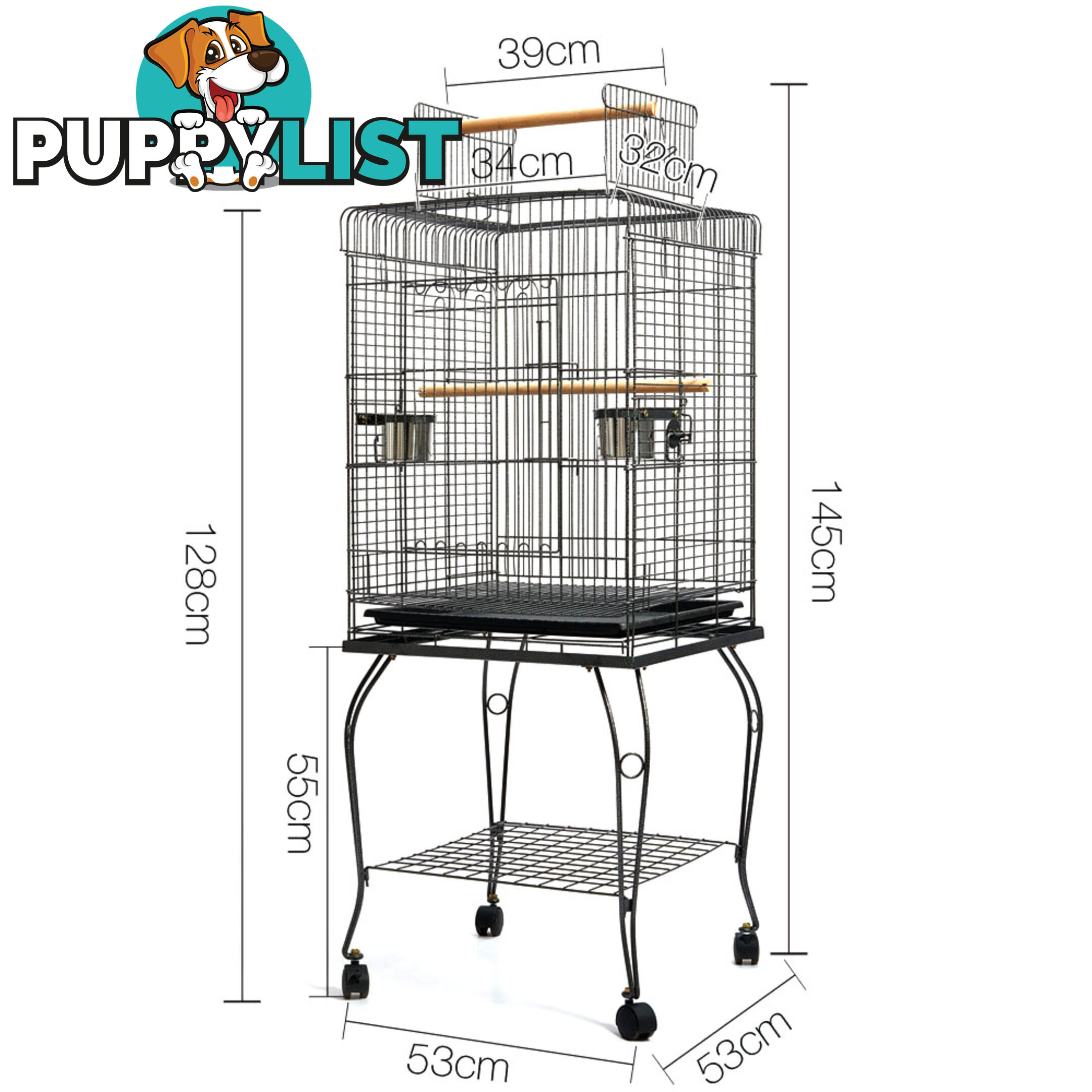 Parrot Pet Aviary Bird Cage w/ Open Roof 145cm Black