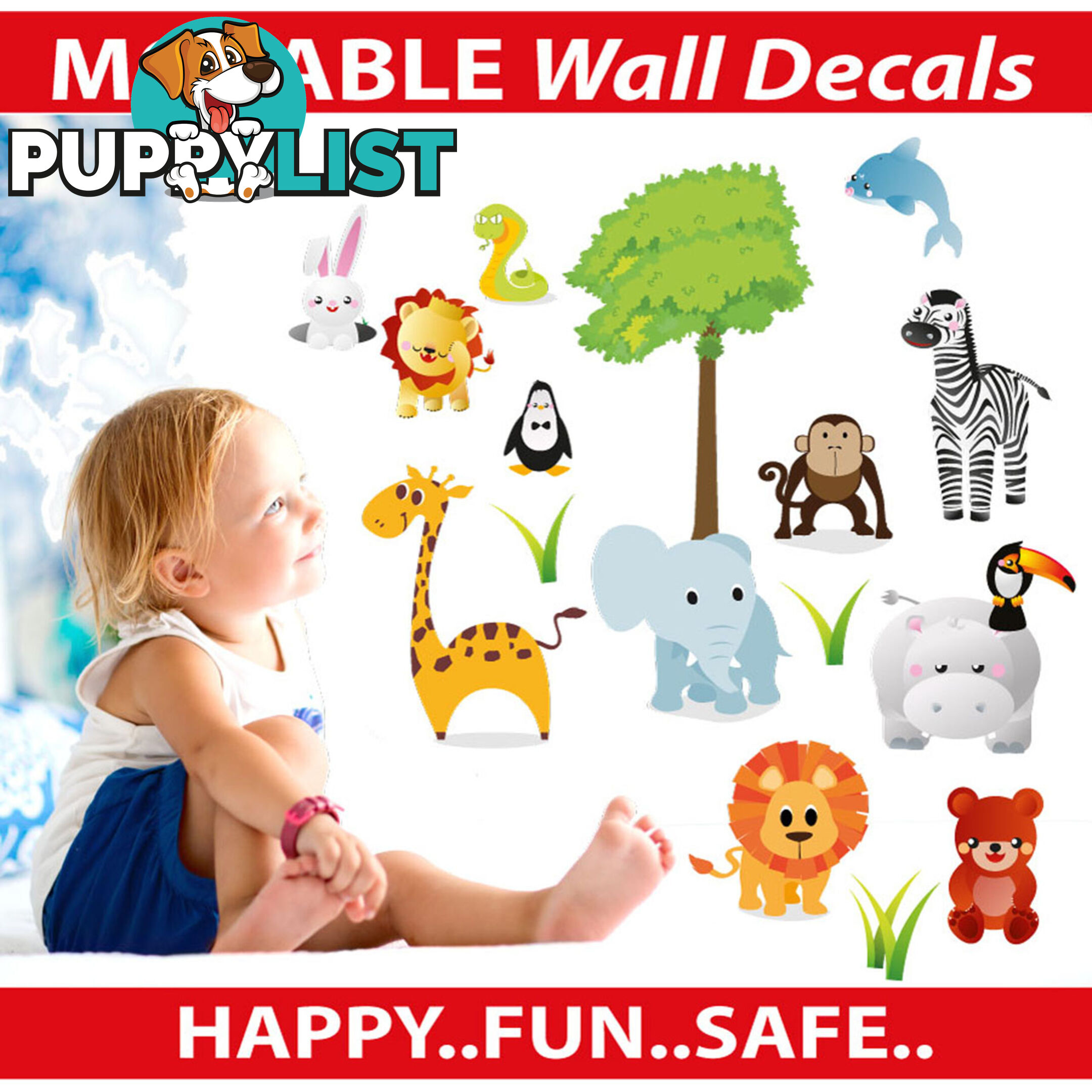 Medium Size Cute Zoo Animals Kids Wall Stickers - Totally Movable