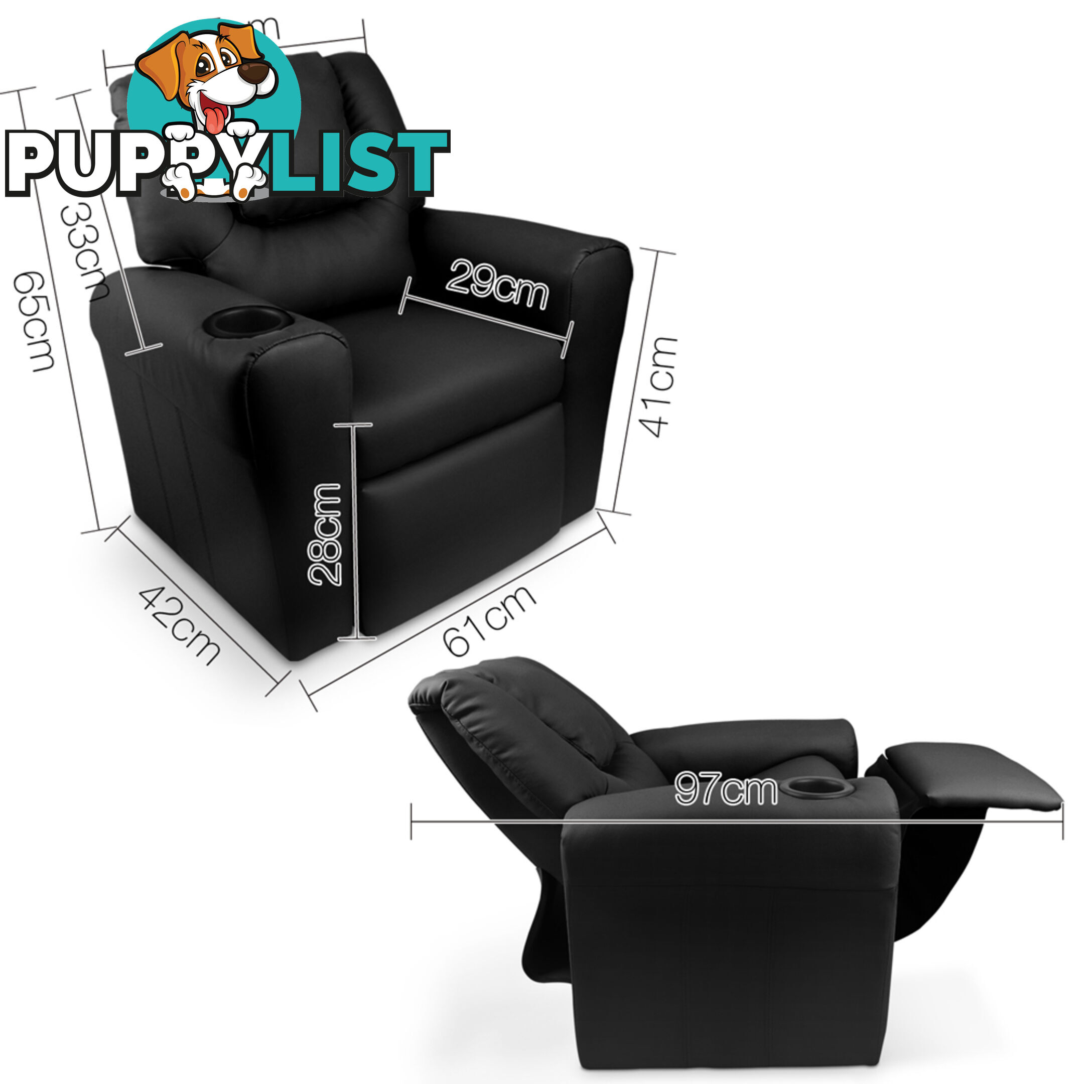 Kids Padded PU Leather Recliner Chair  - Black