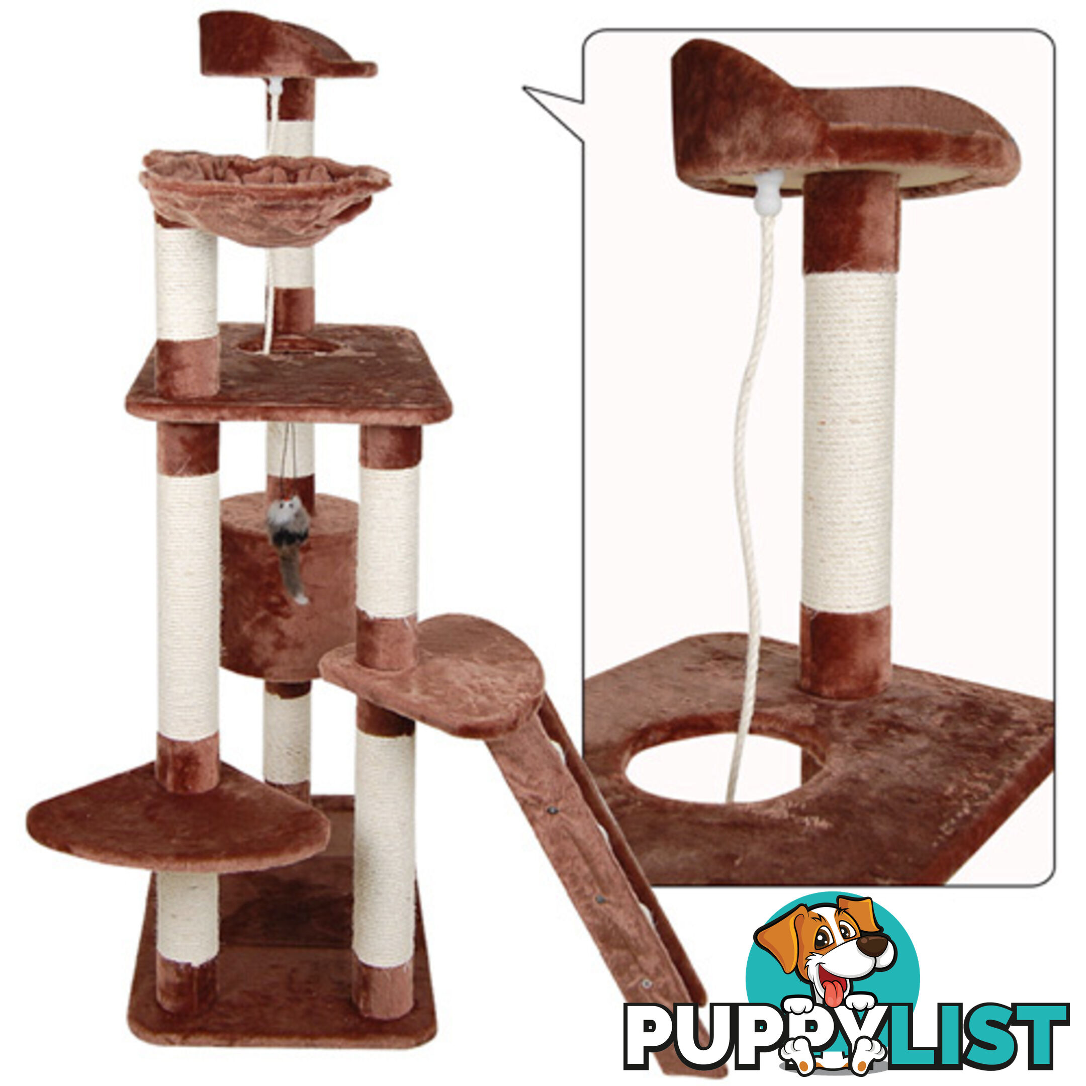 Multi Level Cat Scratching Poles Tree w/ Ladder Brown