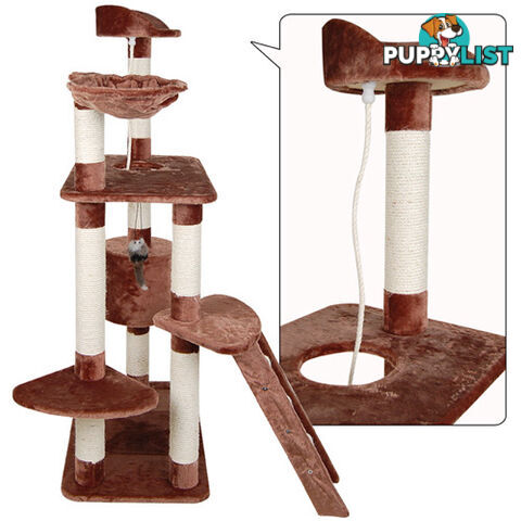 Multi Level Cat Scratching Poles Tree w/ Ladder Brown