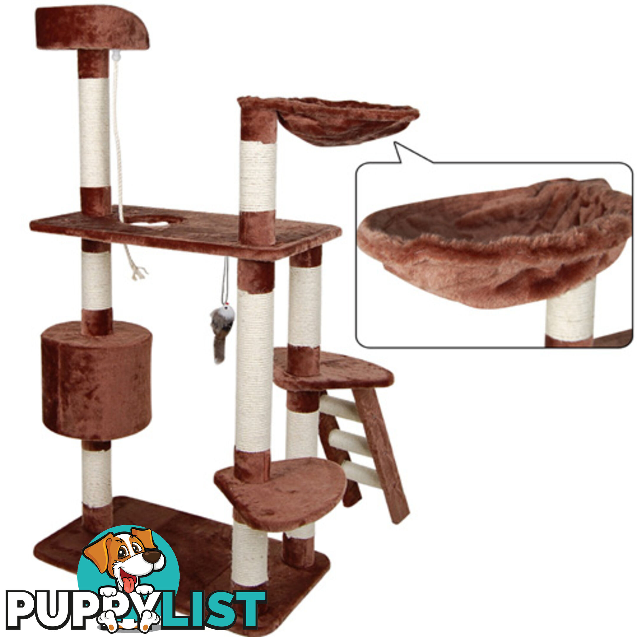 Multi Level Cat Scratching Poles Tree w/ Ladder Brown