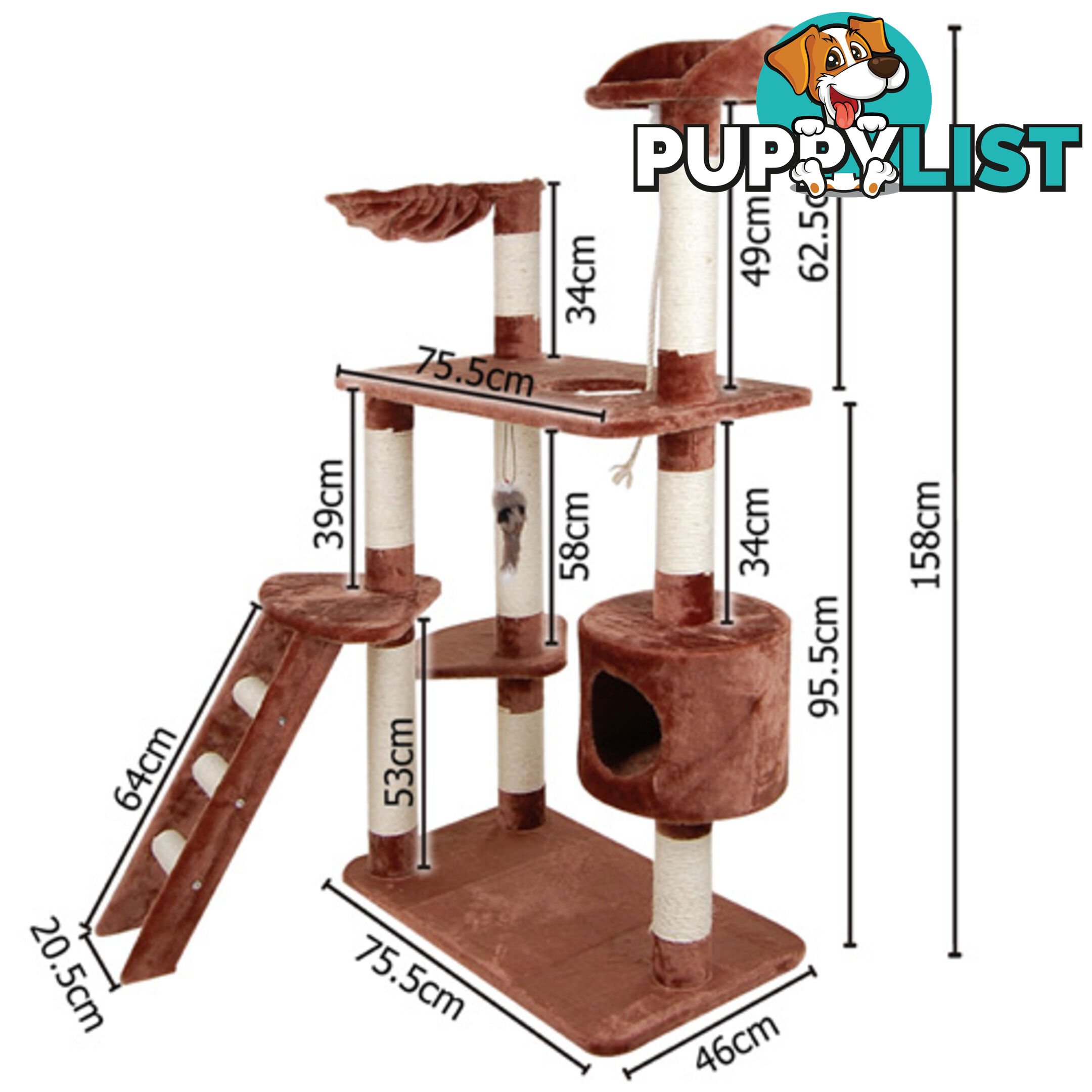 Multi Level Cat Scratching Poles Tree w/ Ladder Brown