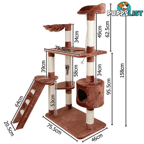 Multi Level Cat Scratching Poles Tree w/ Ladder Brown