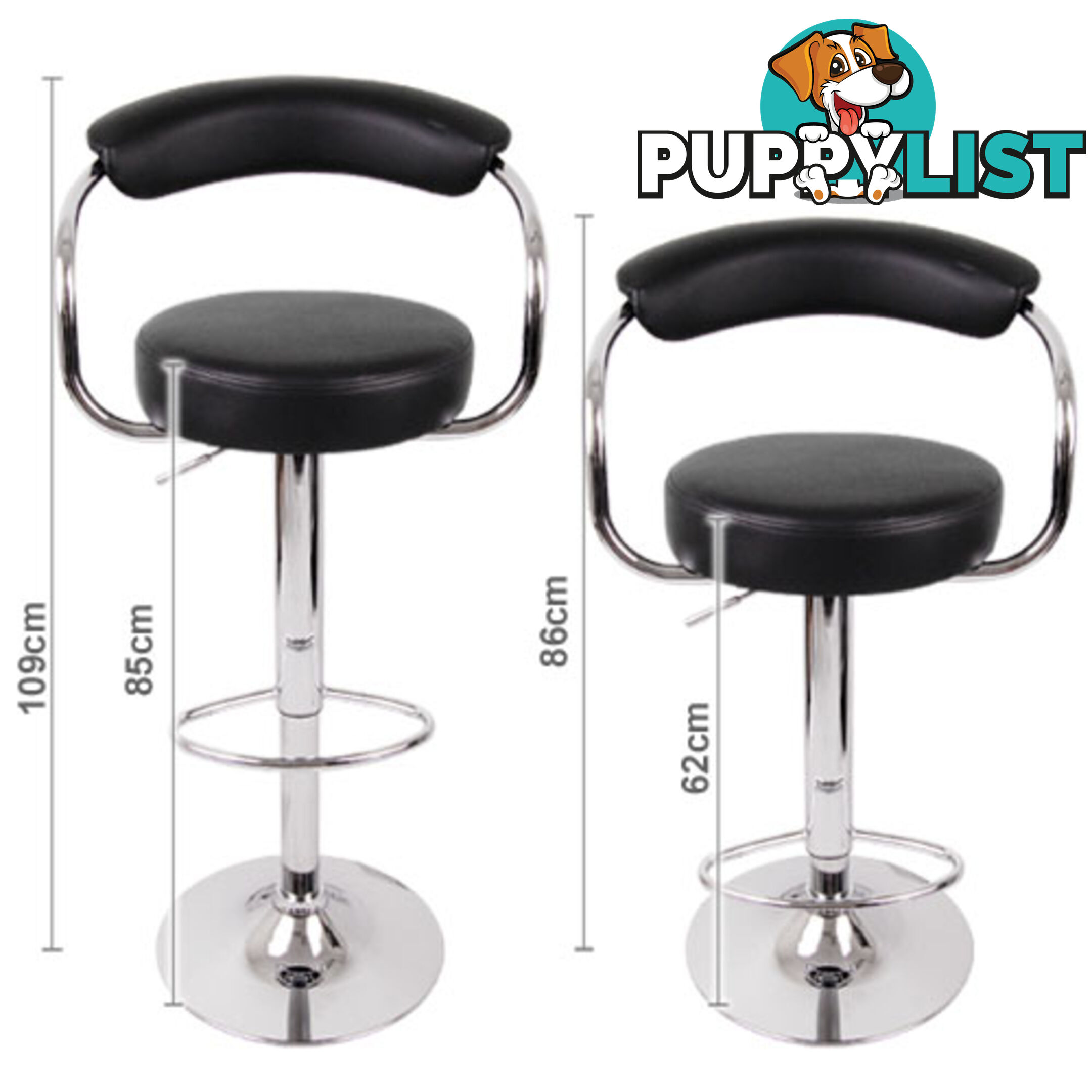 Set of 2 PU Leather Kitchen Bar Stool Black