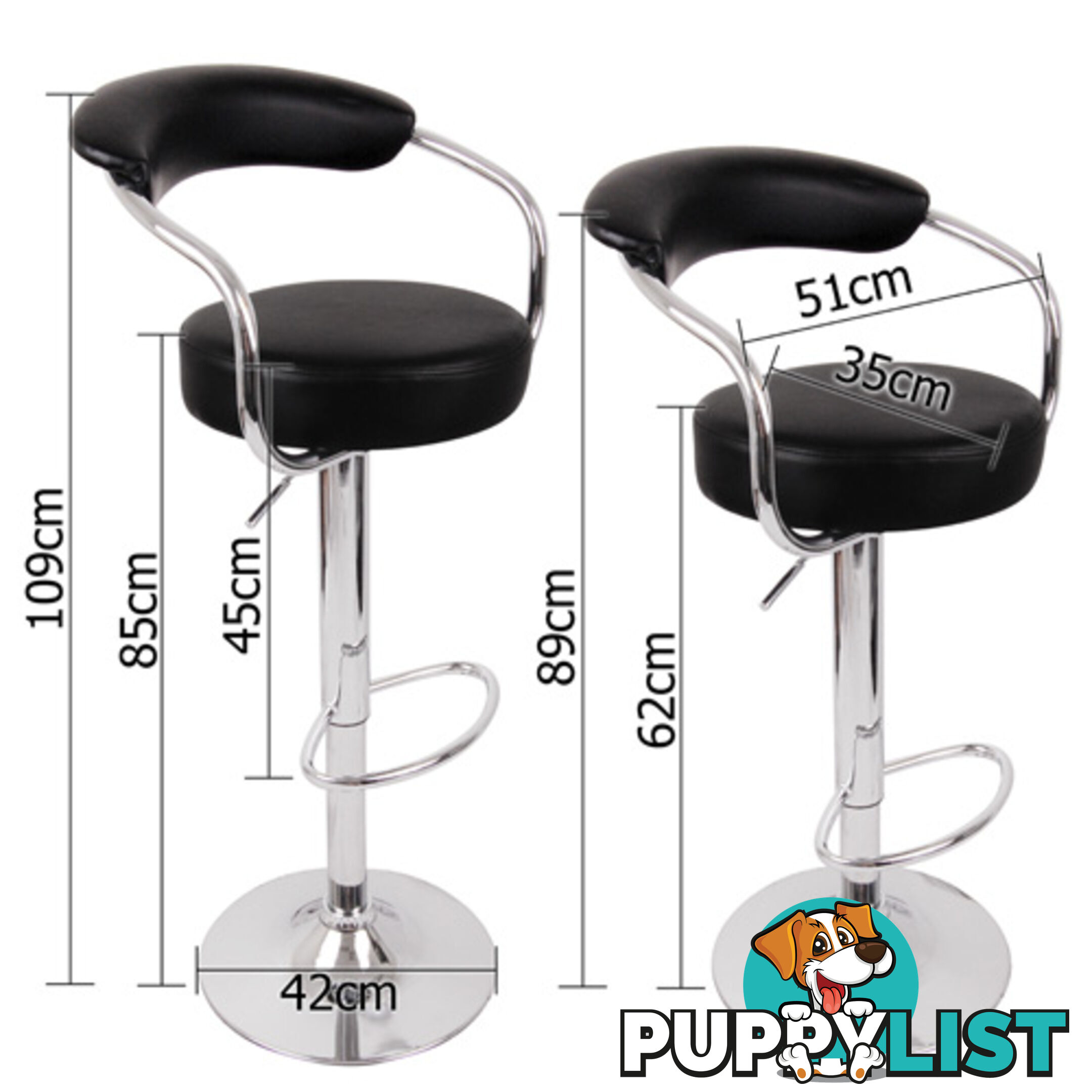 Set of 2 PU Leather Kitchen Bar Stool Black