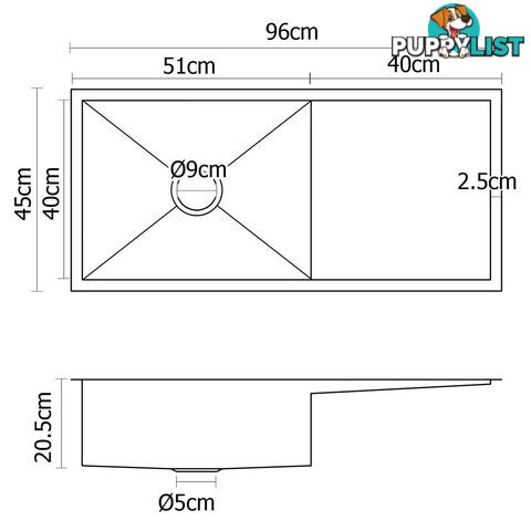 Stainless Steel Kitchen/Laundry Sink w/ Strainer Waste 960x450mm