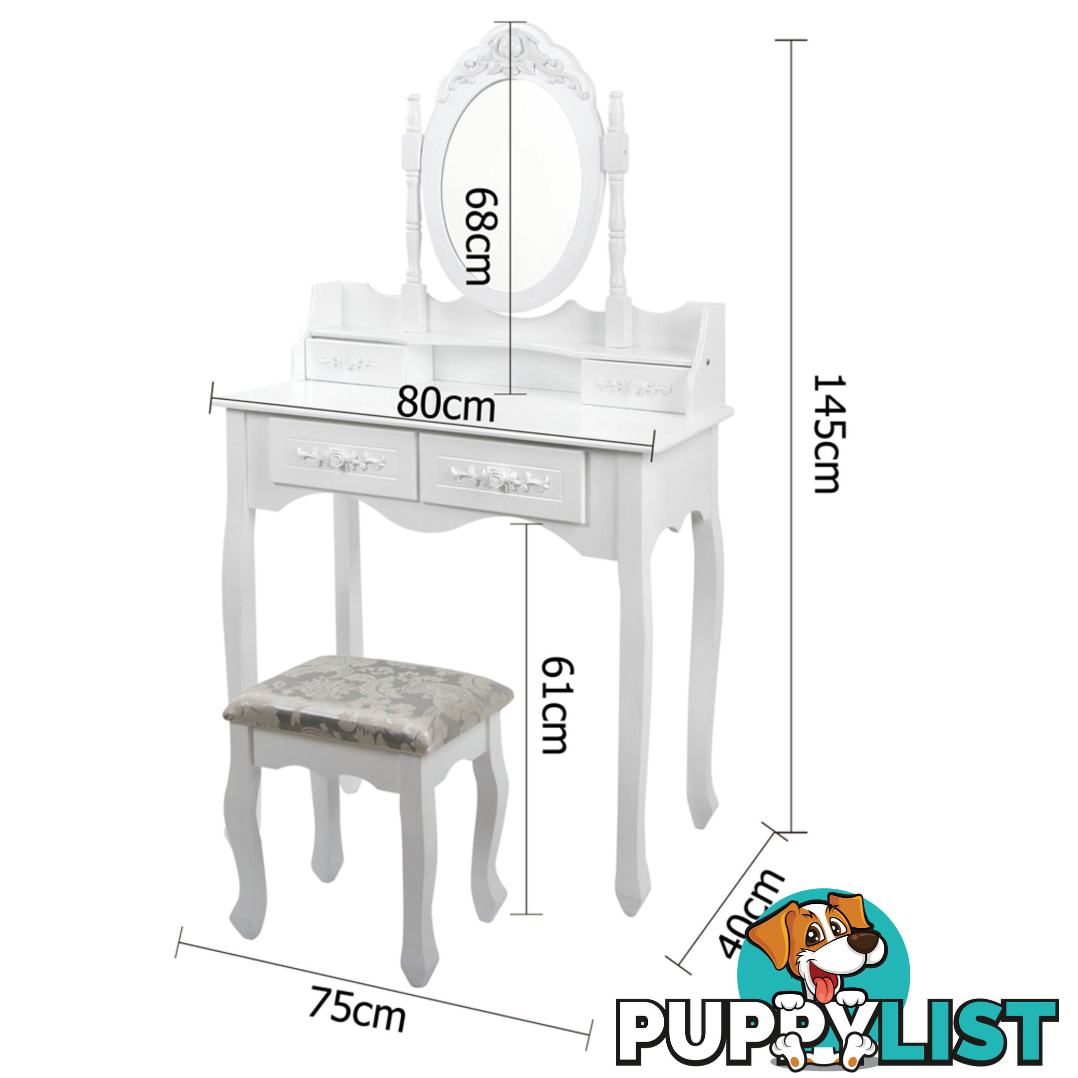 4 Drawer Dressing Table w/ Mirror White