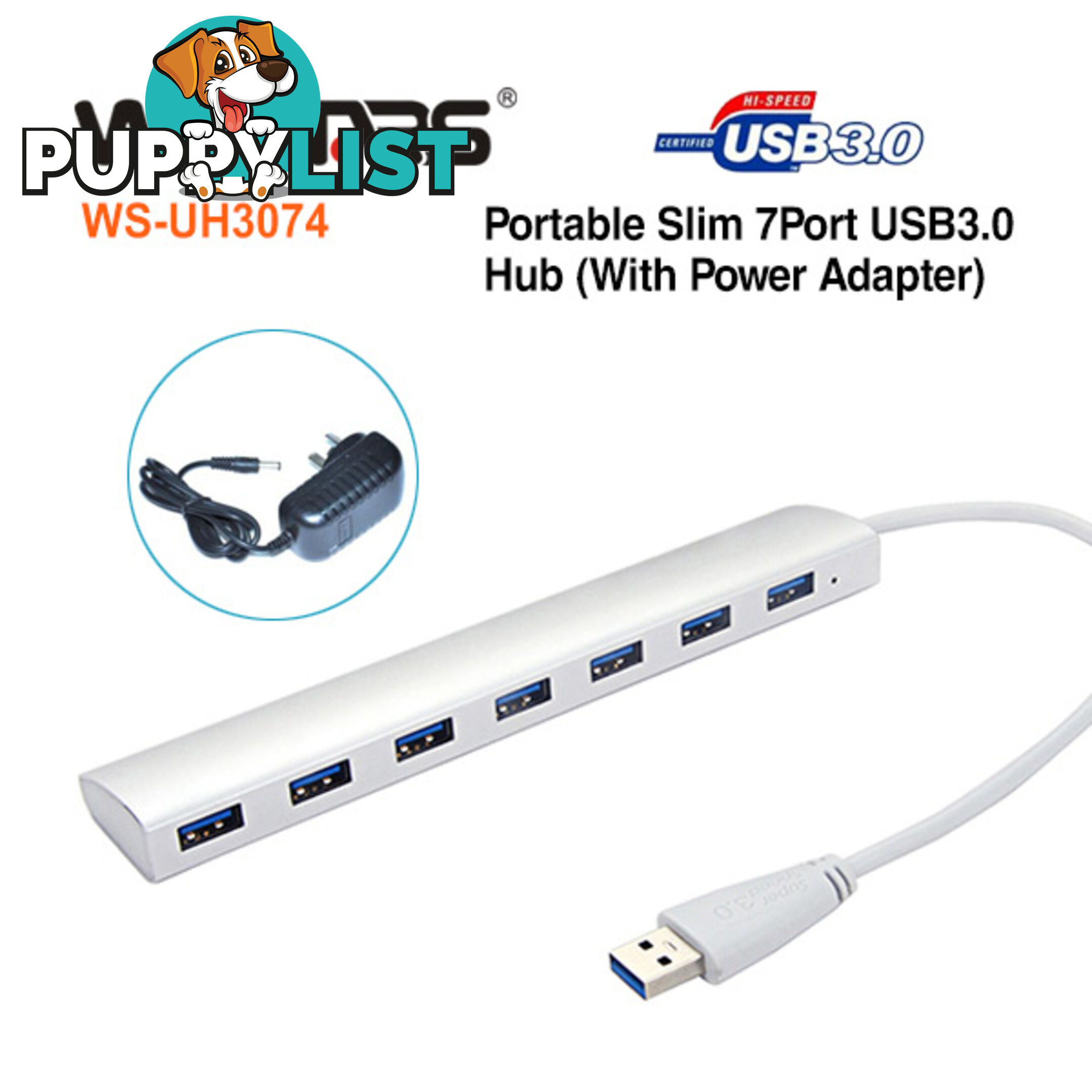 Portable slim 7-Port USB3.0 Hub with Power Adapter (SAA approval Power)