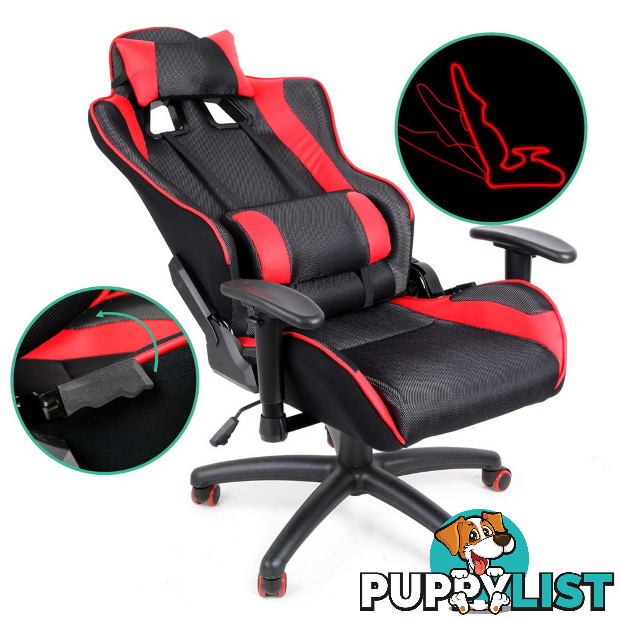 PU Leather & Mesh Reclining Office Desk Gaming Executive Chair - Red