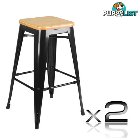 Set of 2 Replica Tolix Kitchen Bar Stool Bamboo Seat 66cm Black