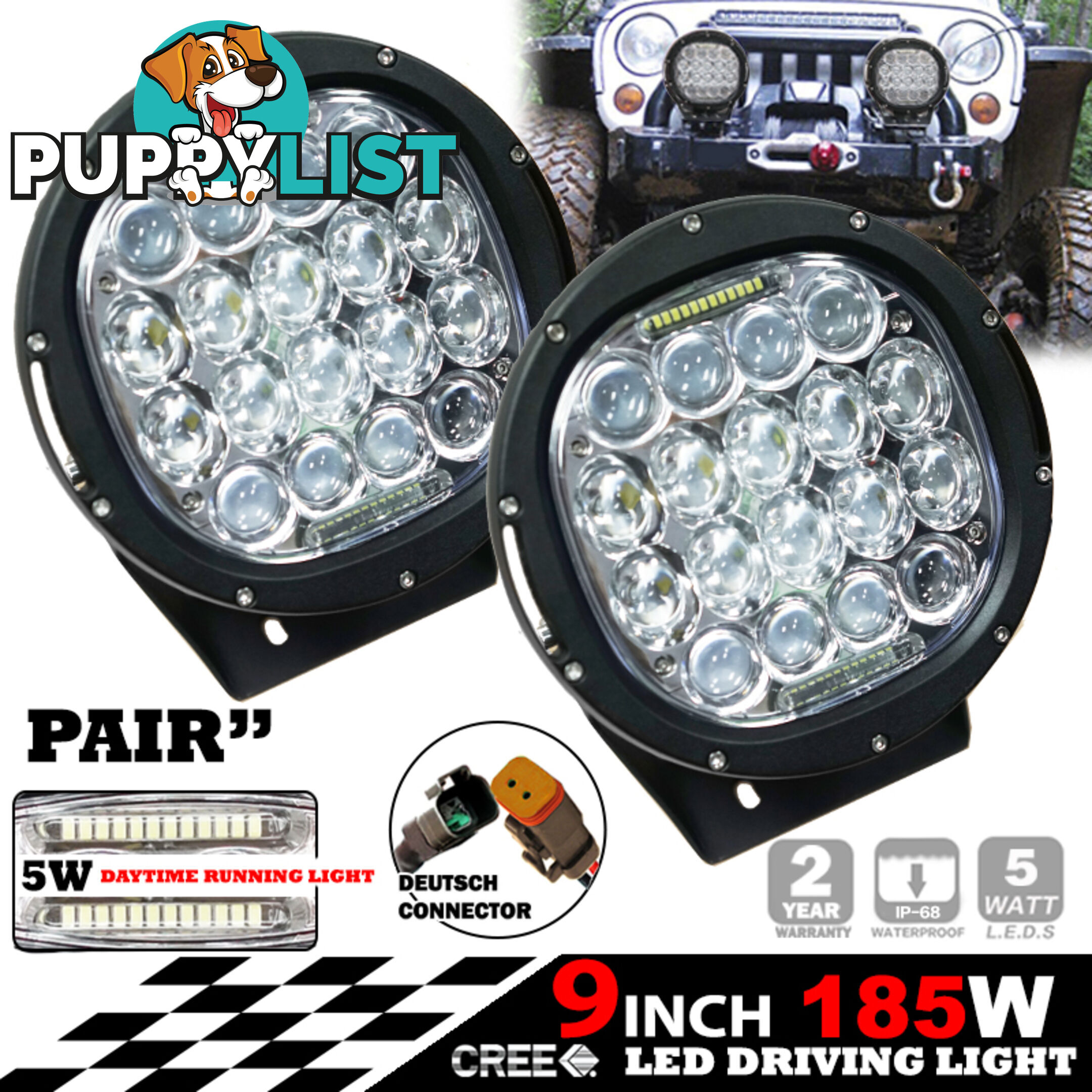 PAIR 185W CREE LED Driving Light Offroad Spotlights DRL Replace HID Bar 96W Blk