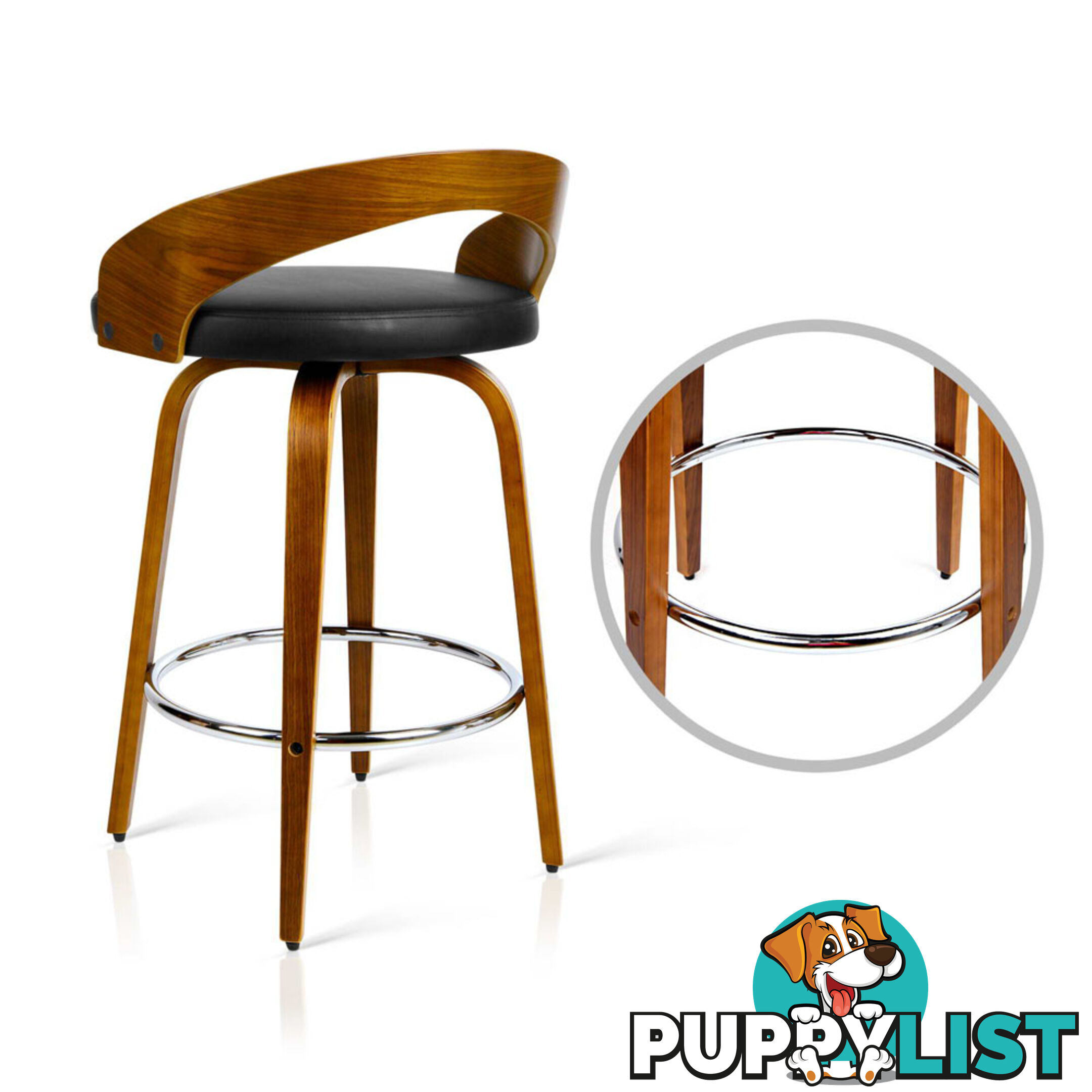 Walnut Wooden Barstool with Chrome Footrest