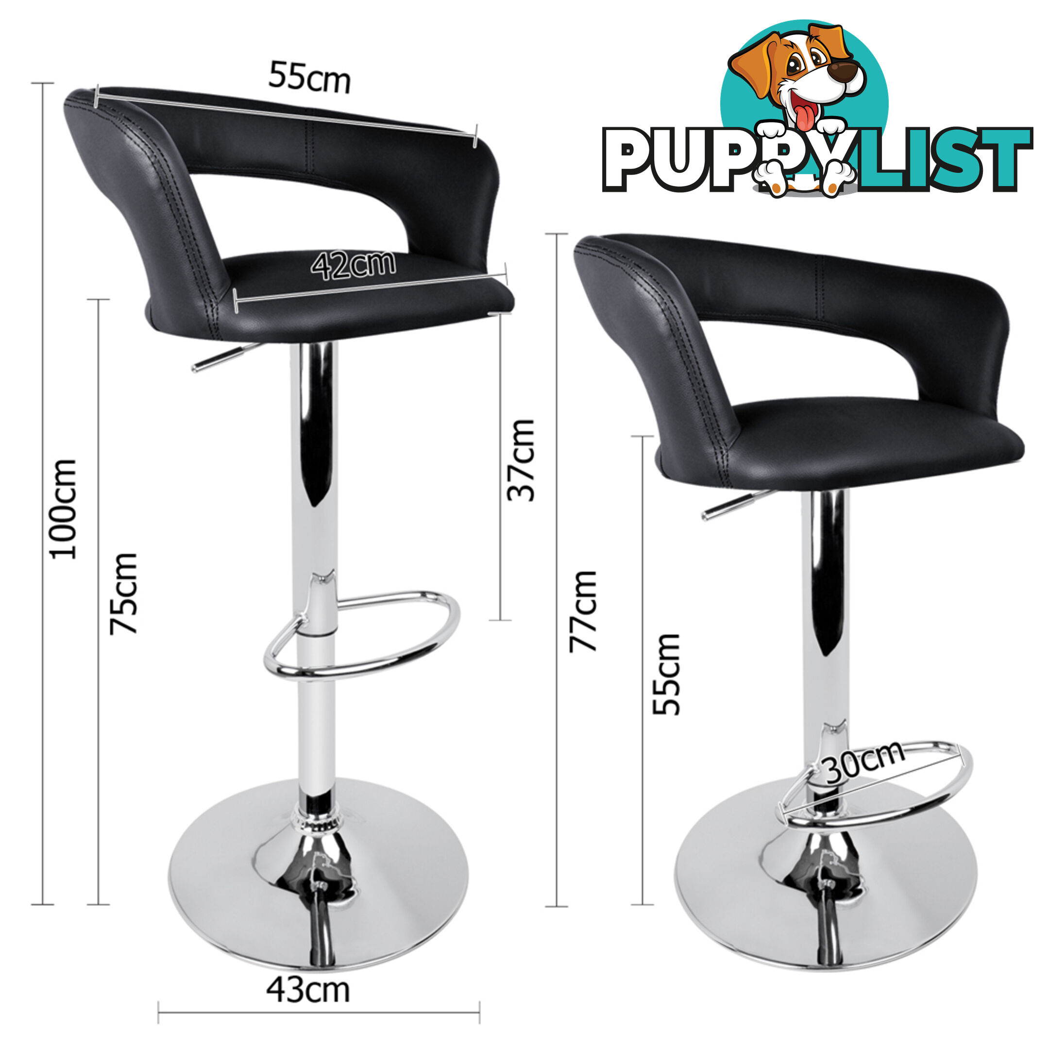 Set of 2 PU Leather Kitchen Bar Stool Black