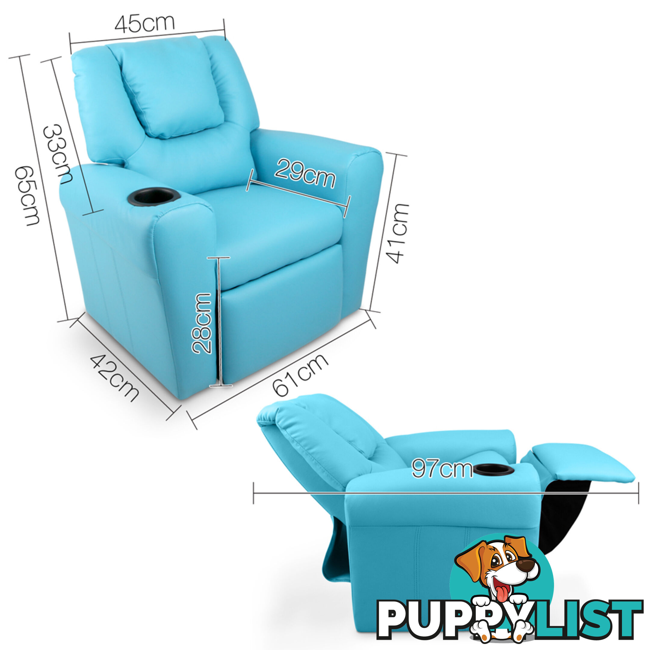 Kids Padded PU Leather Recliner Chair  - Blue