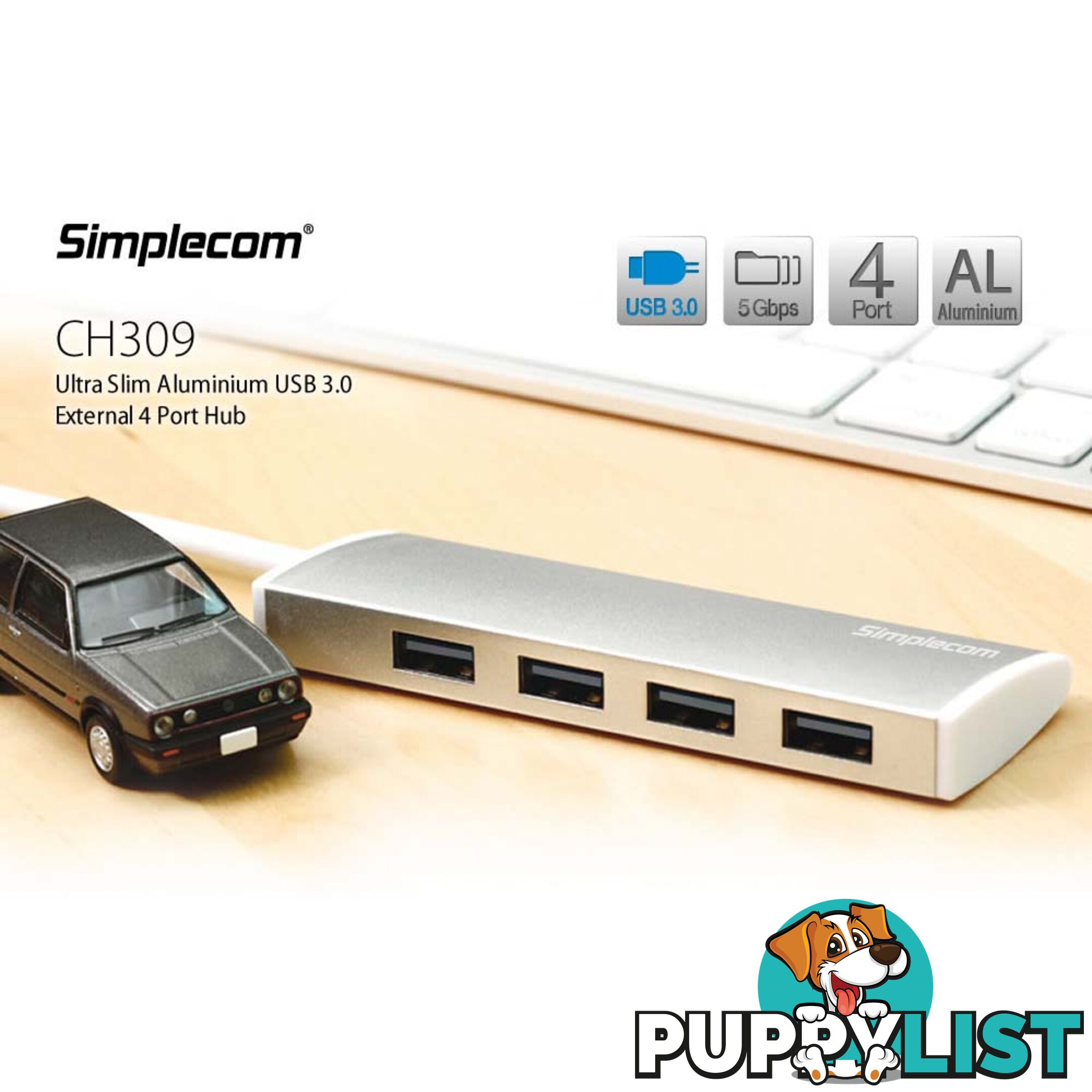 Simplecom CH309 Ultra Slim Aluminium USB 3.0 External 4 Port Hub for PC Mac Laptop Silver