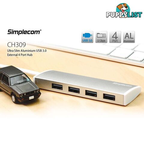 Simplecom CH309 Ultra Slim Aluminium USB 3.0 External 4 Port Hub for PC Mac Laptop Silver