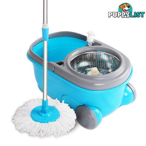 360 Degree Spinning Mop Microfibre Spin Dry Bucket with 2 Mop Heads - Blue