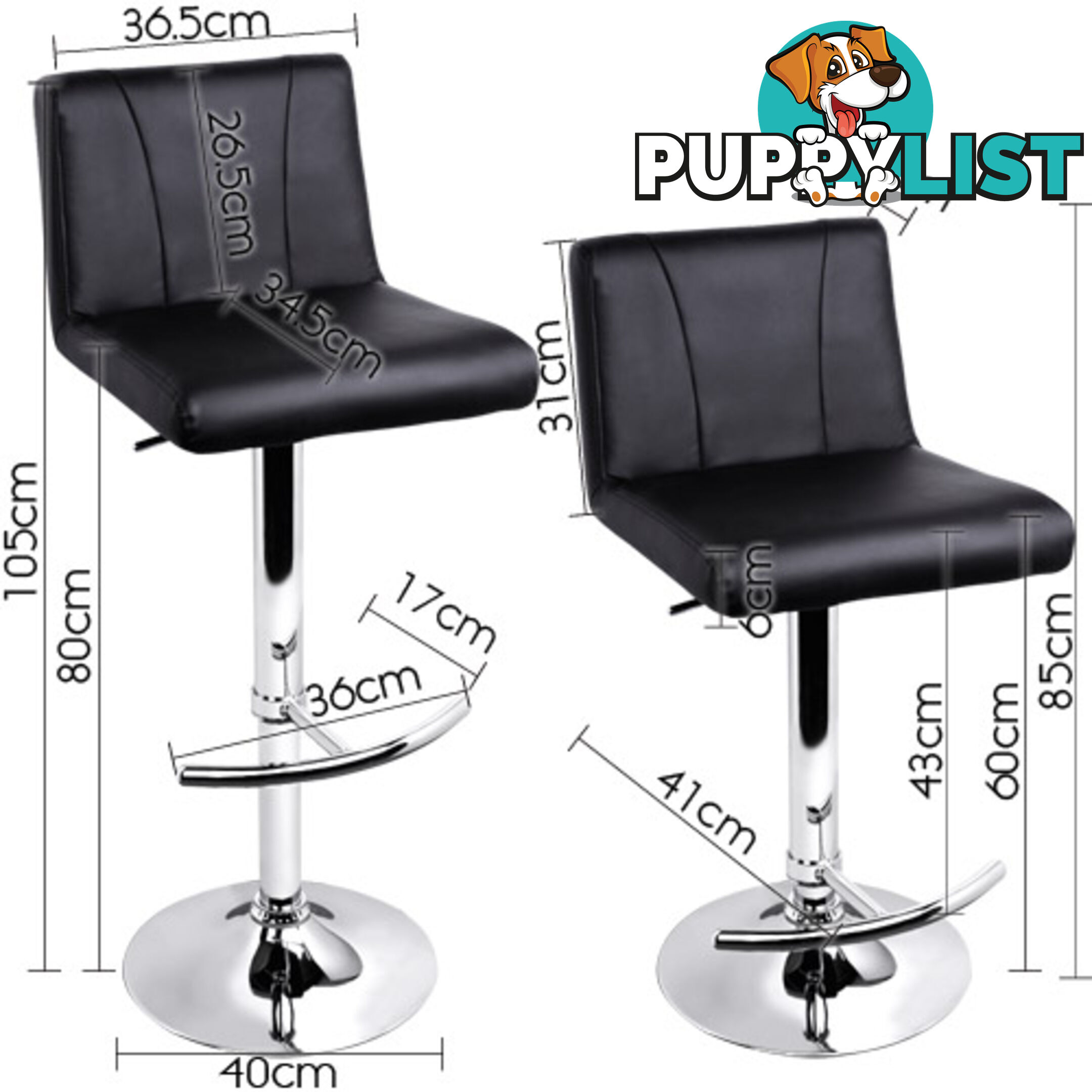 Set of 2 PU Leather Kitchen Bar Stool Black