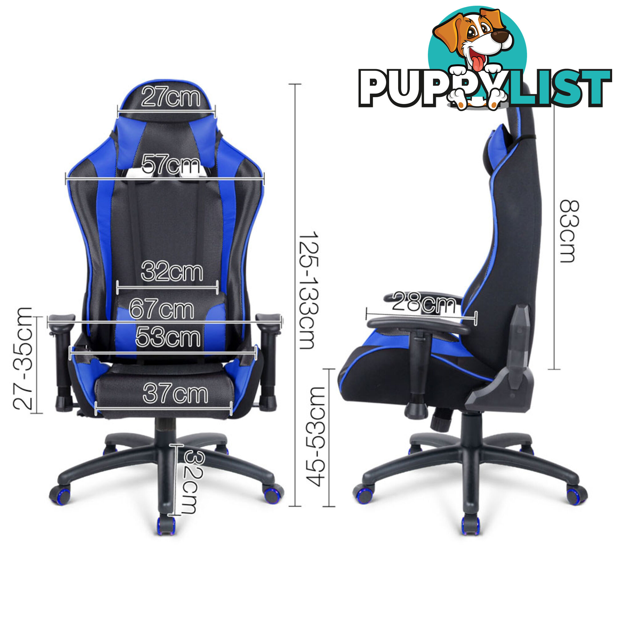 PU Leather & Mesh Reclining Office Desk Gaming Executive Chair - Blue