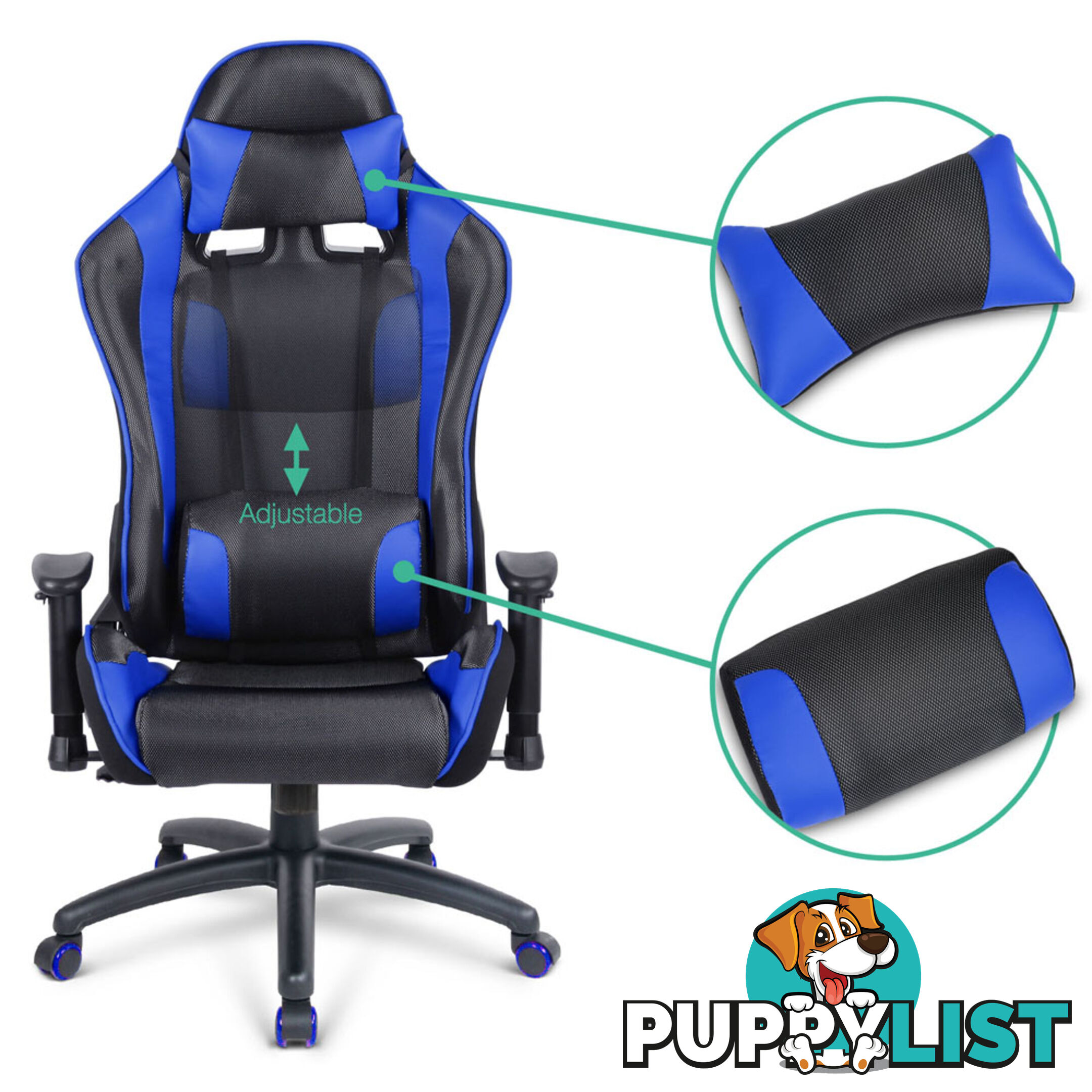 PU Leather & Mesh Reclining Office Desk Gaming Executive Chair - Blue