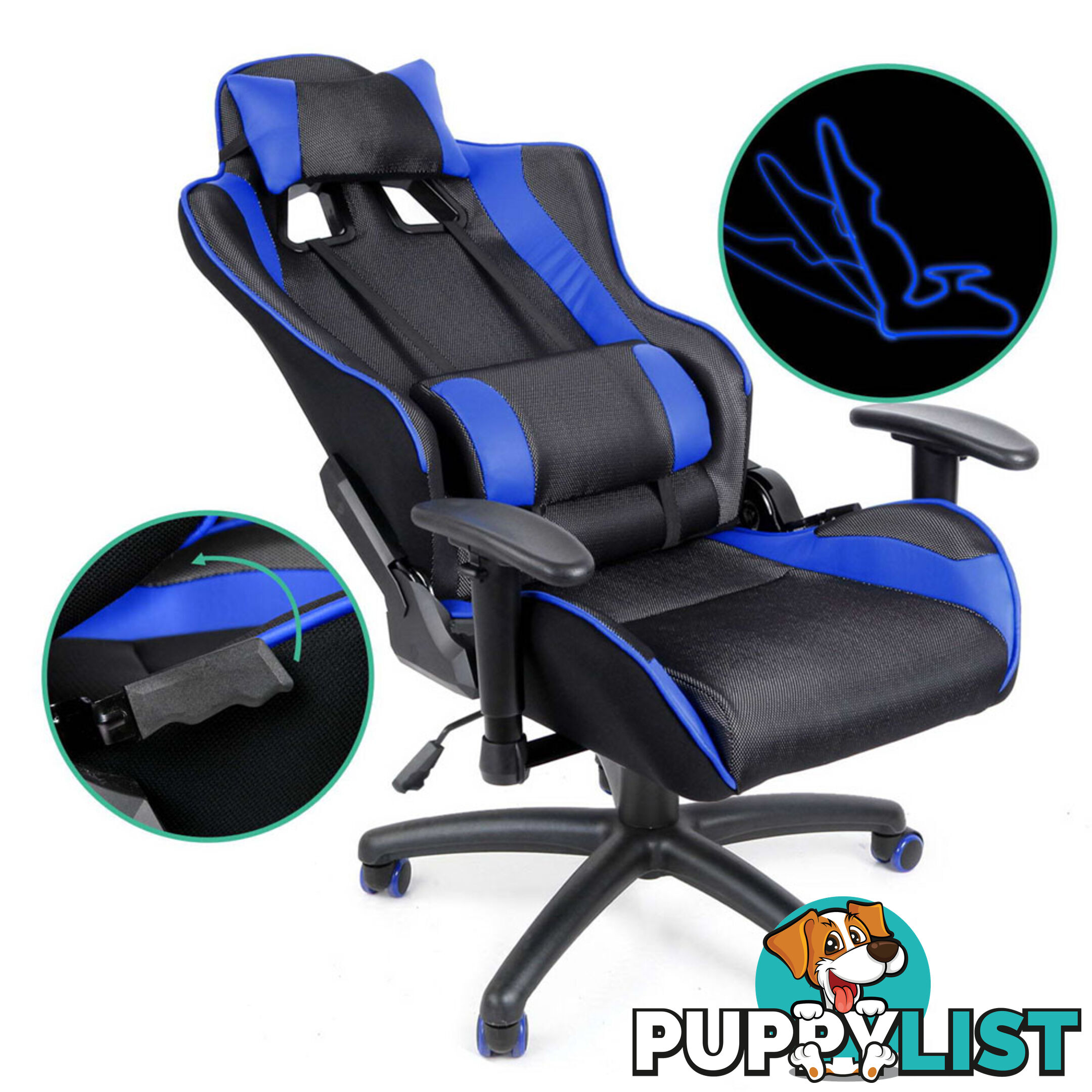 PU Leather & Mesh Reclining Office Desk Gaming Executive Chair - Blue