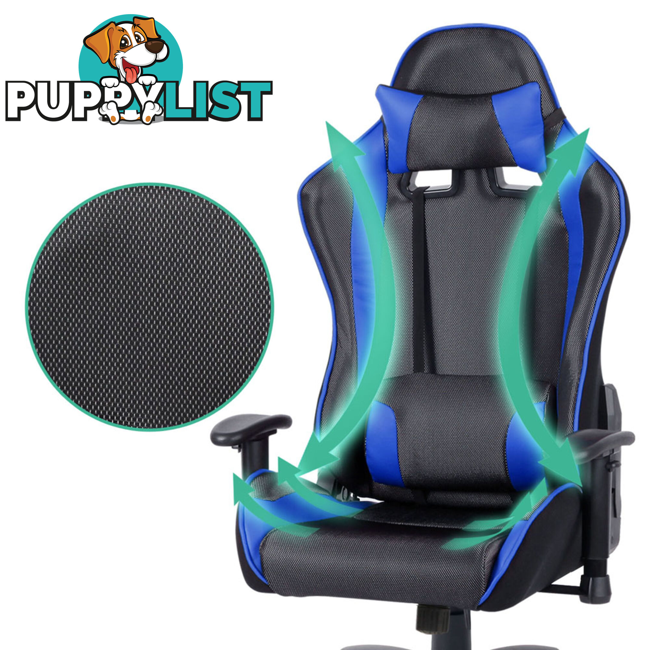 PU Leather & Mesh Reclining Office Desk Gaming Executive Chair - Blue