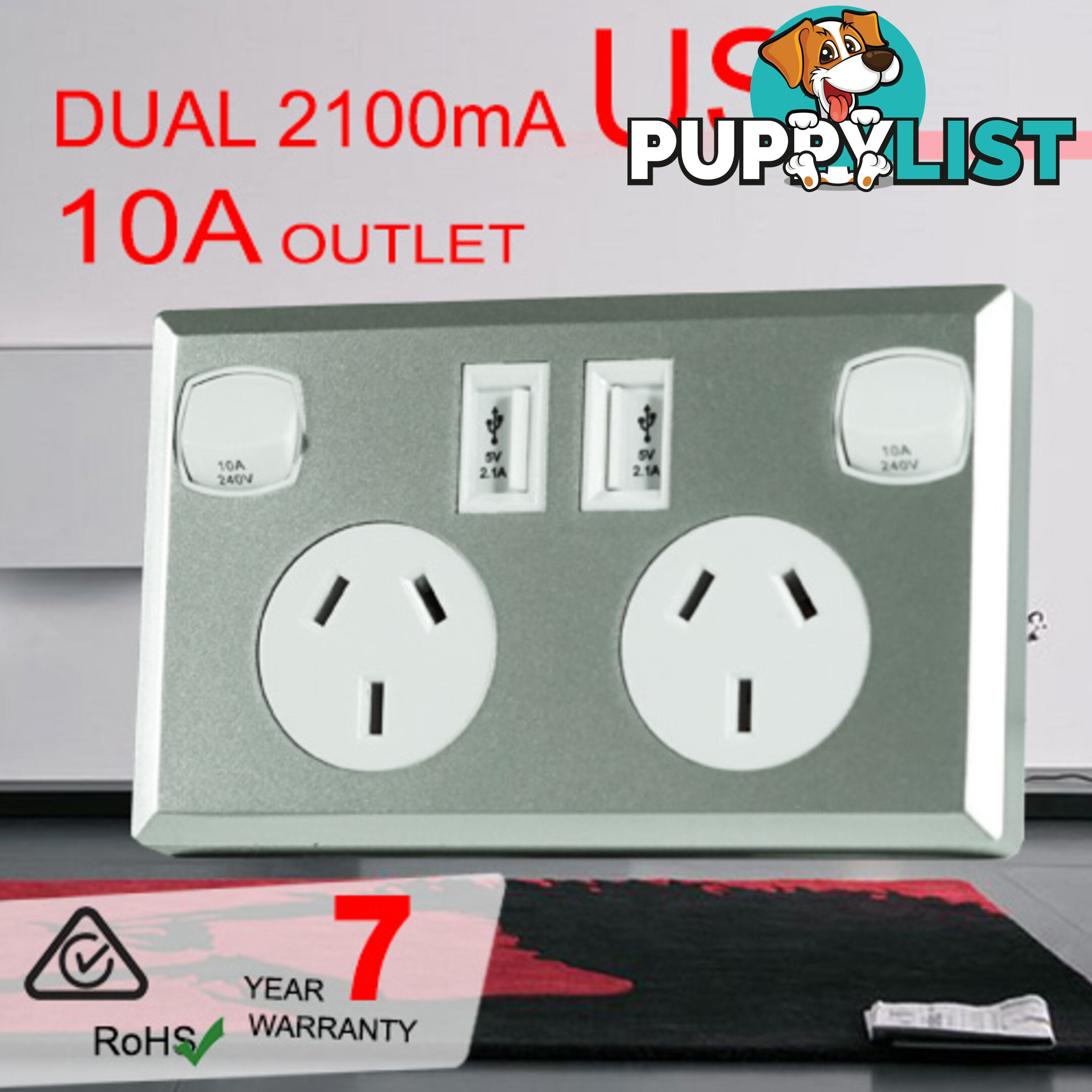 10A Double Australian USB Power Point Supply 2 Socket Switch Wall Plug Silver