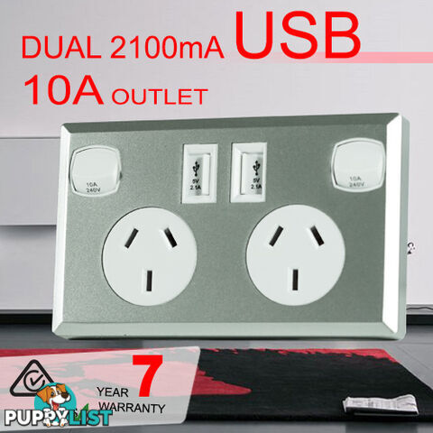 10A Double Australian USB Power Point Supply 2 Socket Switch Wall Plug Silver