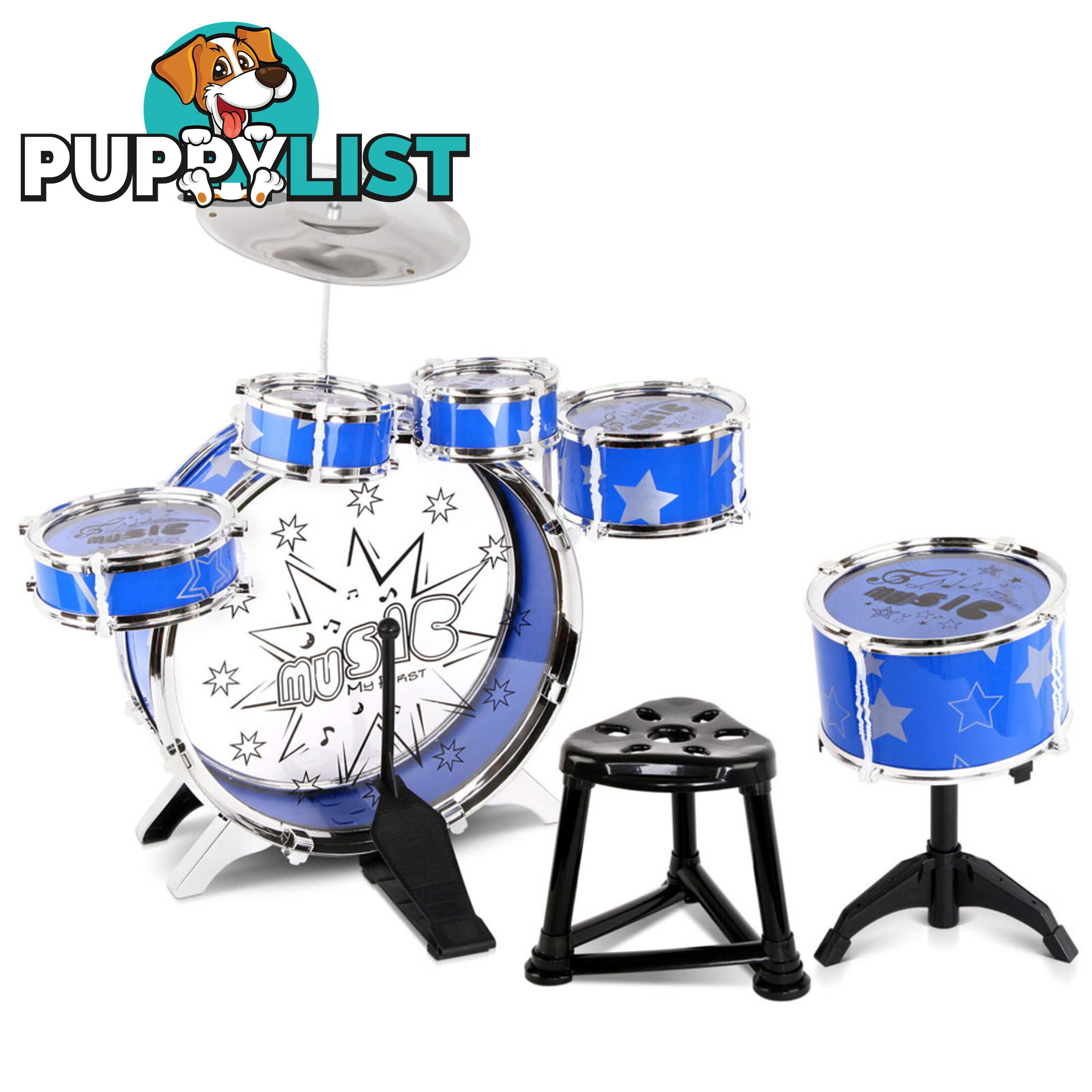 Kids Drums Play Set 8 Pcs with Seat - Blue