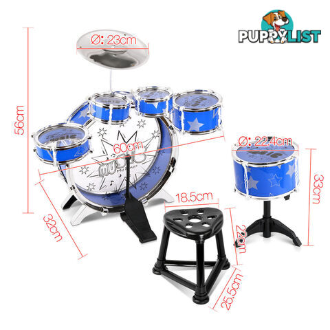 Kids Drums Play Set 8 Pcs with Seat - Blue