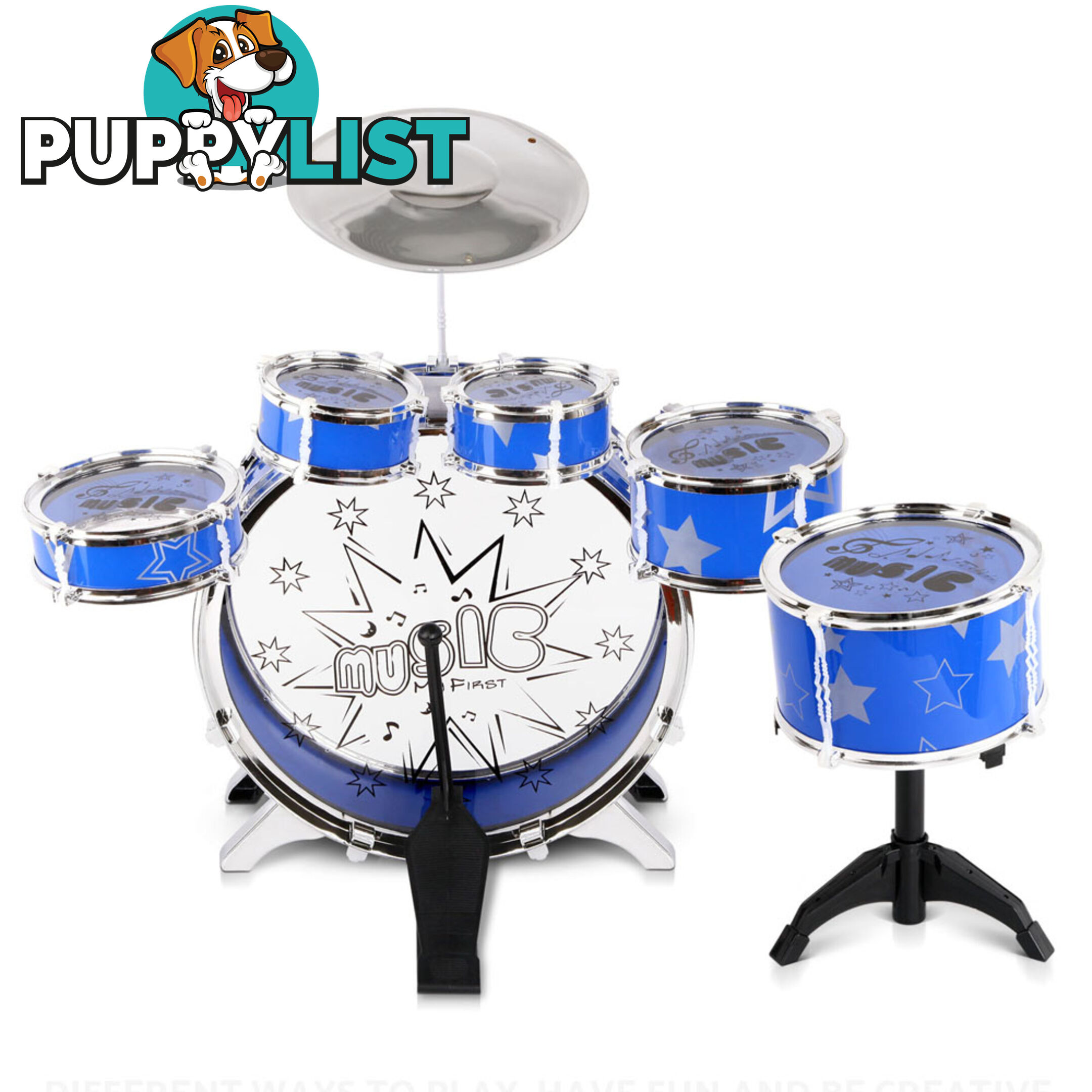 Kids Drums Play Set 8 Pcs with Seat - Blue