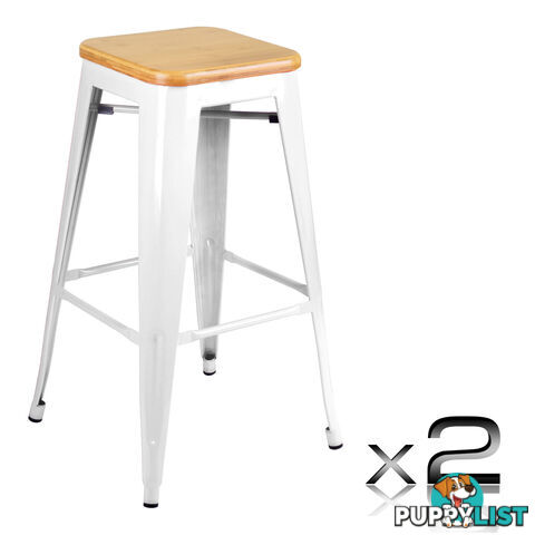 Set of 2 Tolix Replica Metal Steel Bamboo Seat Bar stool 76 cm White