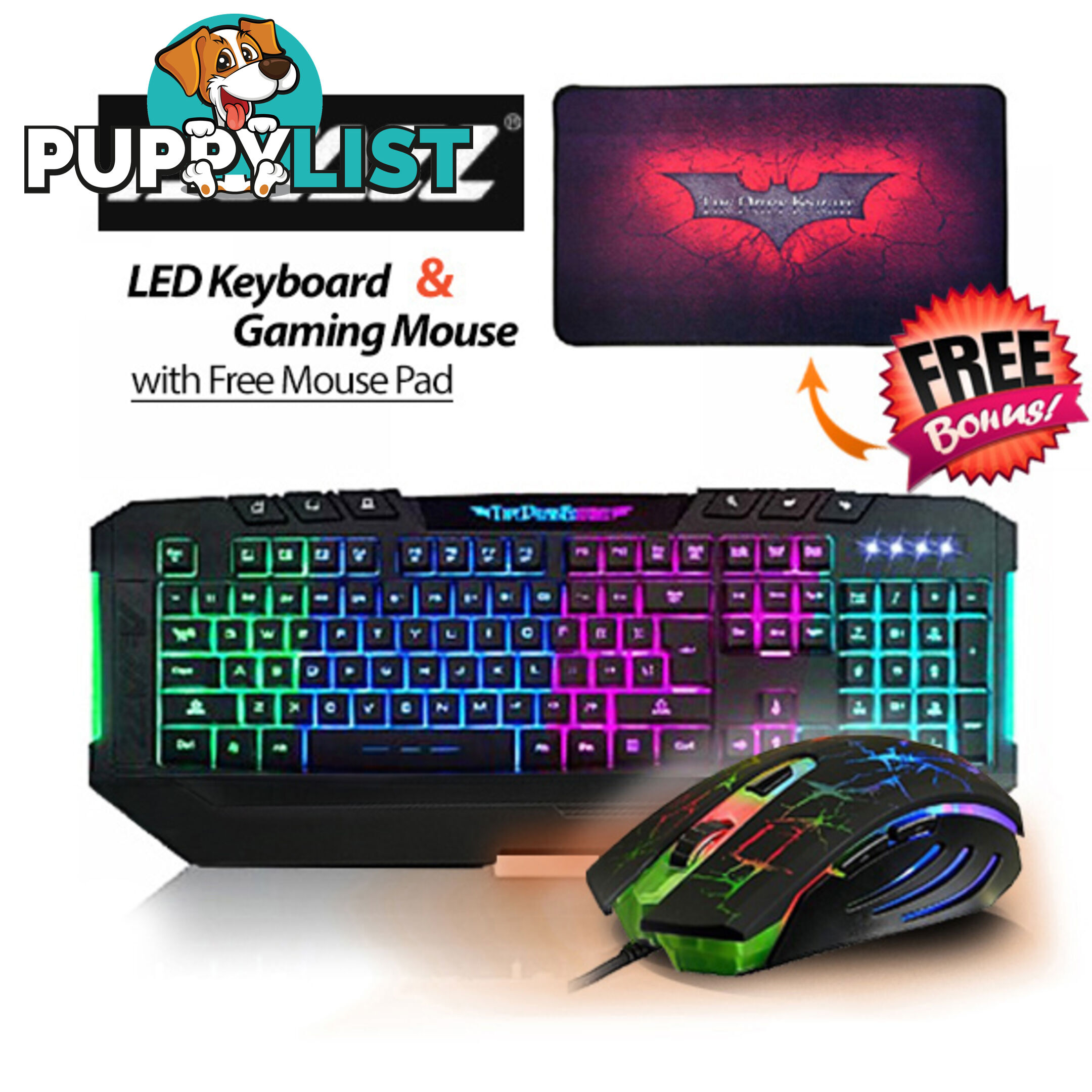 Ajazz Dark Knight 7 Backlight LED Keyboard and 7 LED Colors 2400DPI 6 Button USB Gaming Mouse with Free Gaming Mouse Pad Set