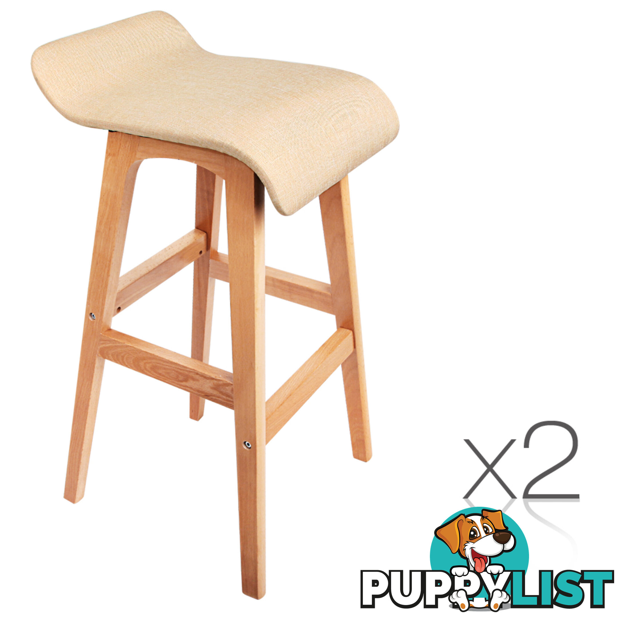 2 x Beech Wood Fabric Bar Stools - Beige