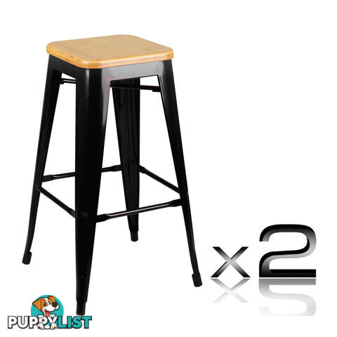 Set of 2 Replica Tolix Bar Stool Bamboo Seat 76cm Black