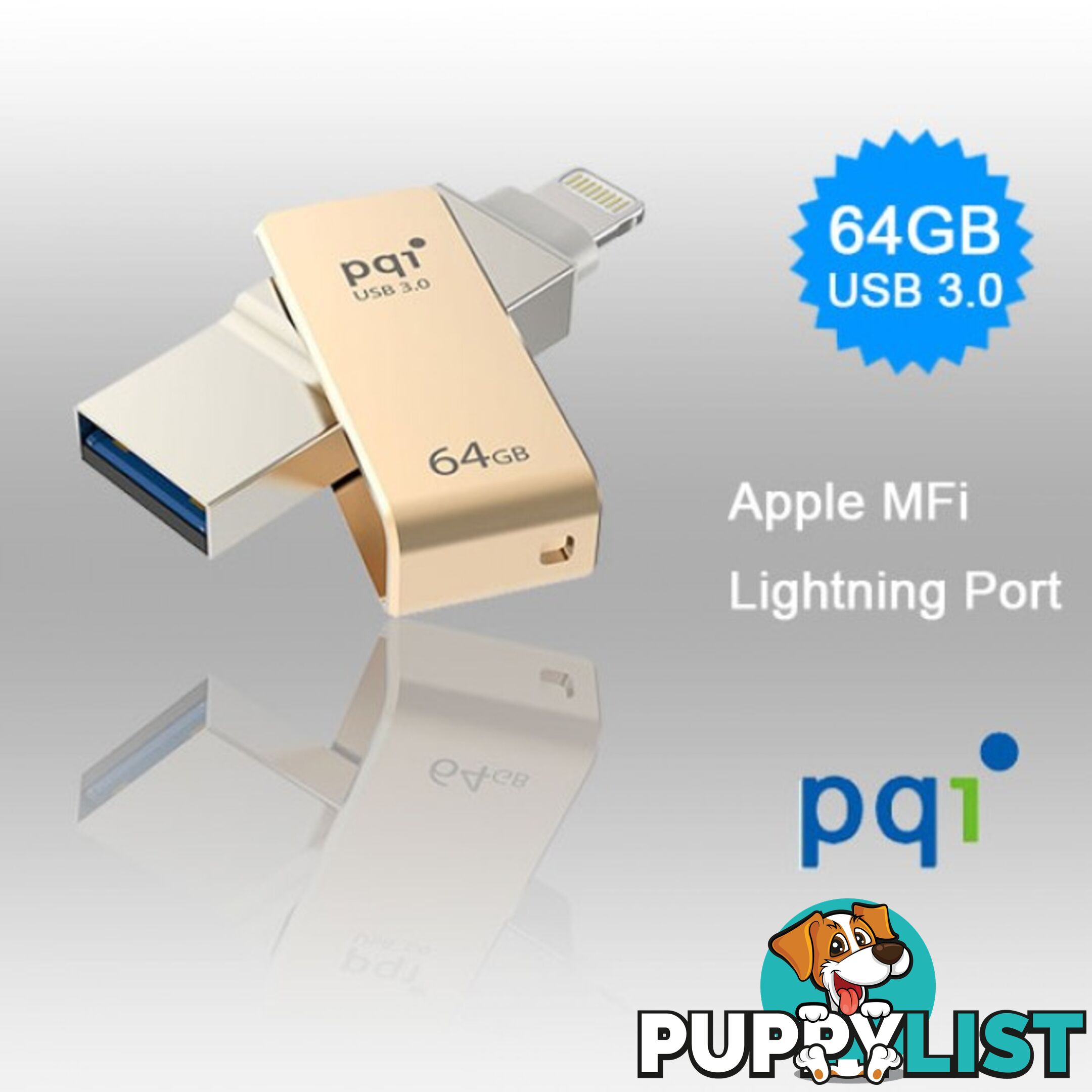 PQI iConnect Mini 6I04-064GR2001 Gold [Apple MFi] 64 GB Mobile Flash Drive w/ Lightning Connector for iPhones iPads Mac & PC USB 3.0 (6I04-064GR2001)