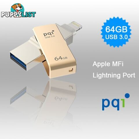 PQI iConnect Mini 6I04-064GR2001 Gold [Apple MFi] 64 GB Mobile Flash Drive w/ Lightning Connector for iPhones iPads Mac & PC USB 3.0 (6I04-064GR2001)