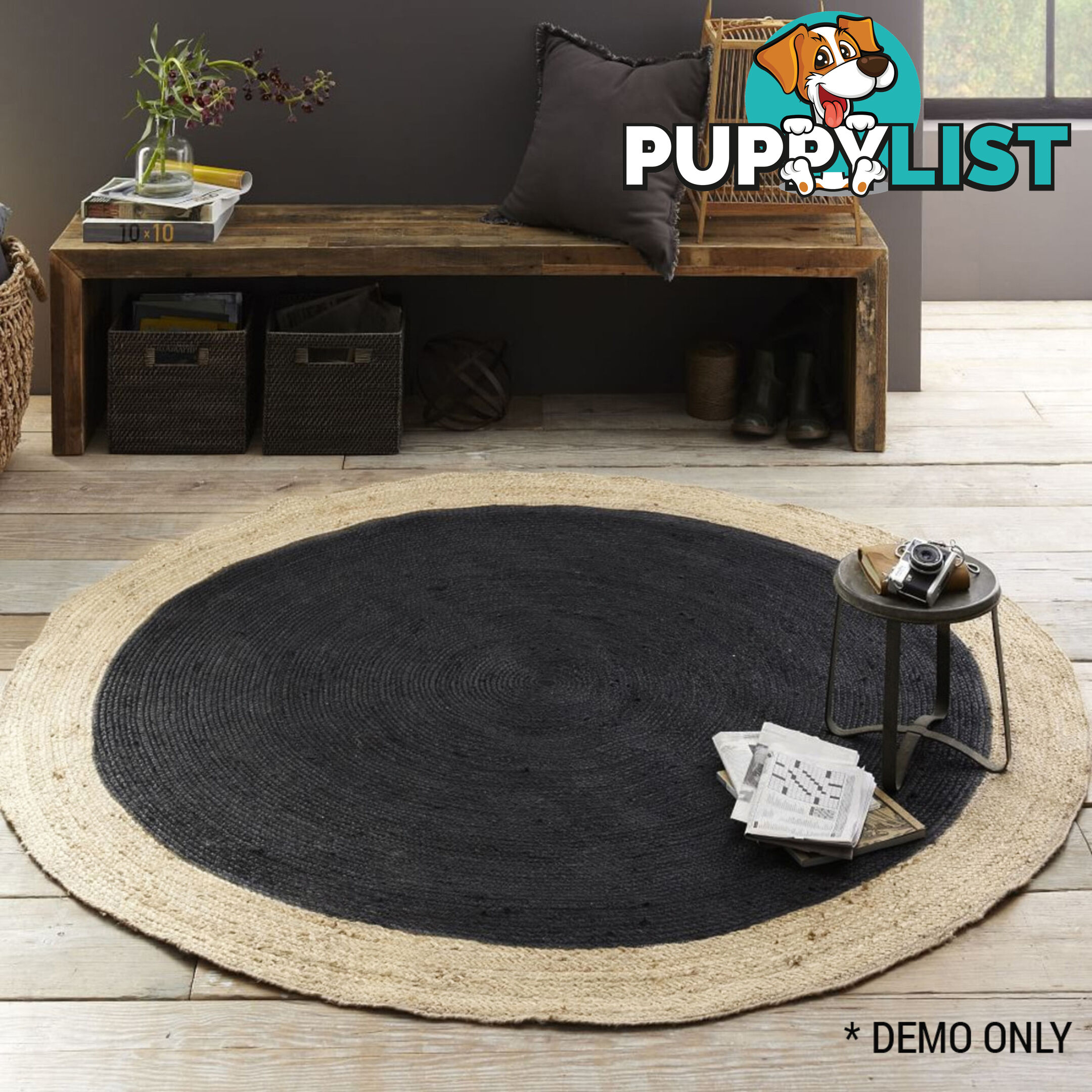 Jute Round Black Rug Black & Natural 200x200cm